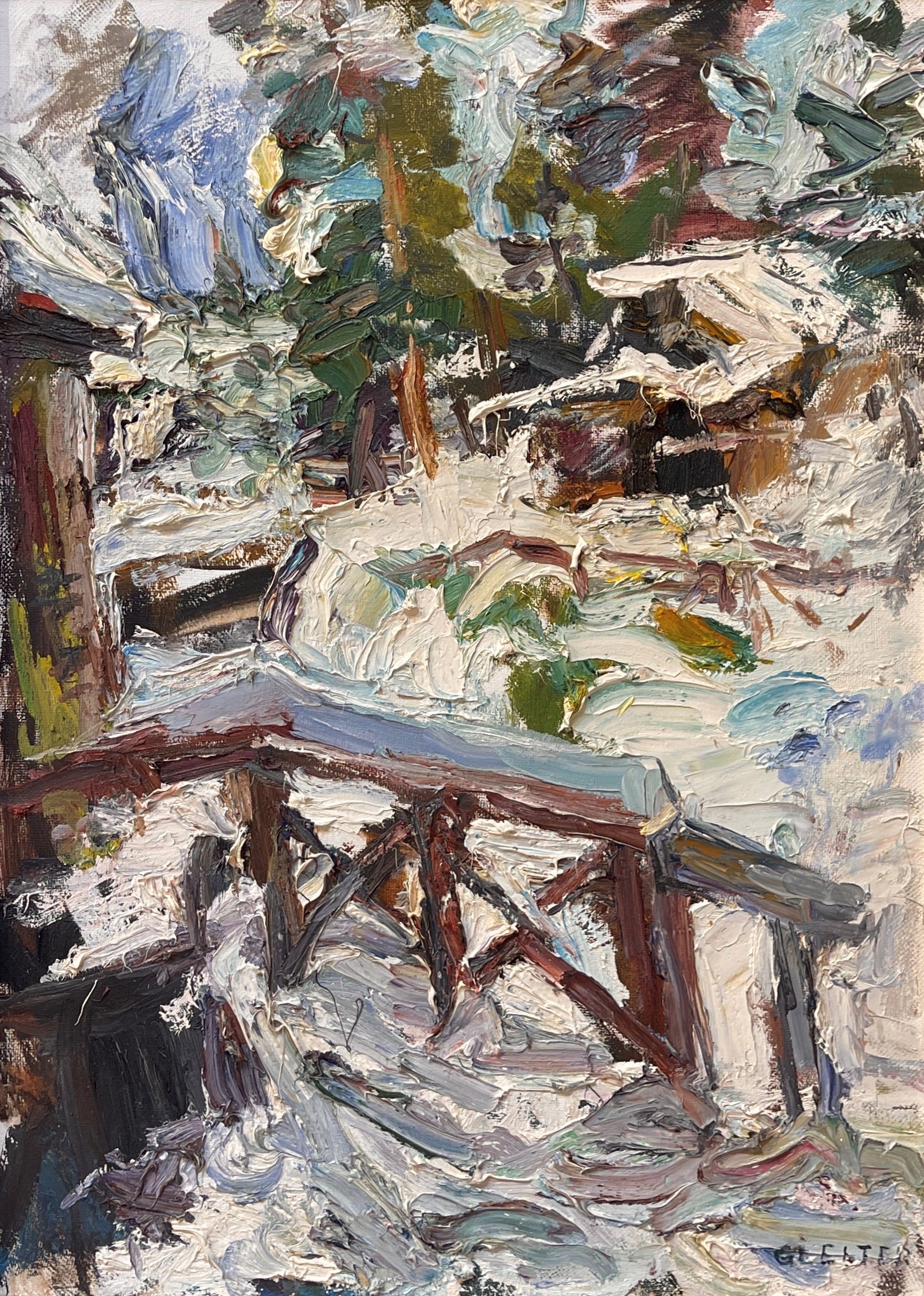 A painting of a wooden bridge in the snow.