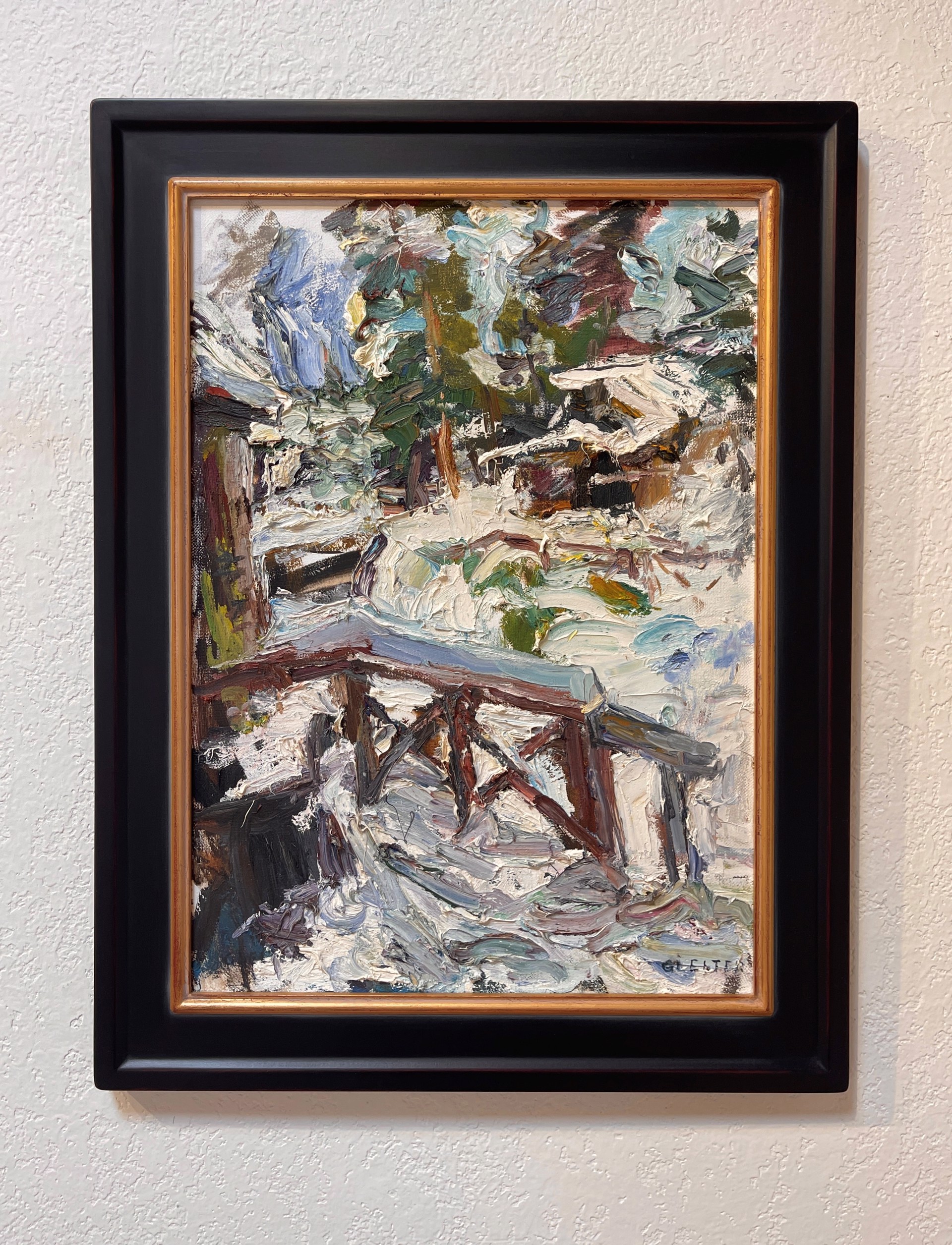 A painting of a wooden bridge in the snow.
