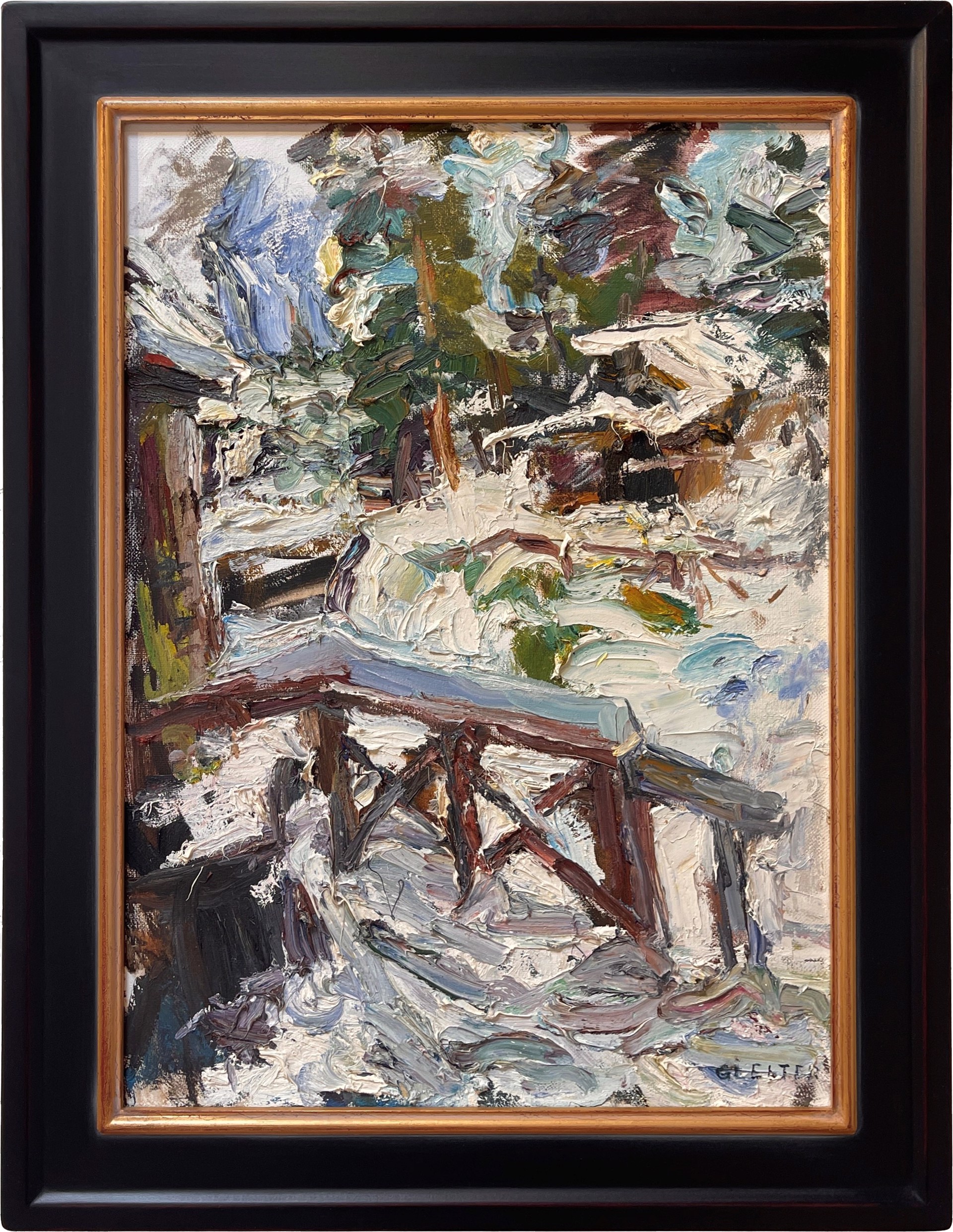 A painting of a wooden bridge in the snow.