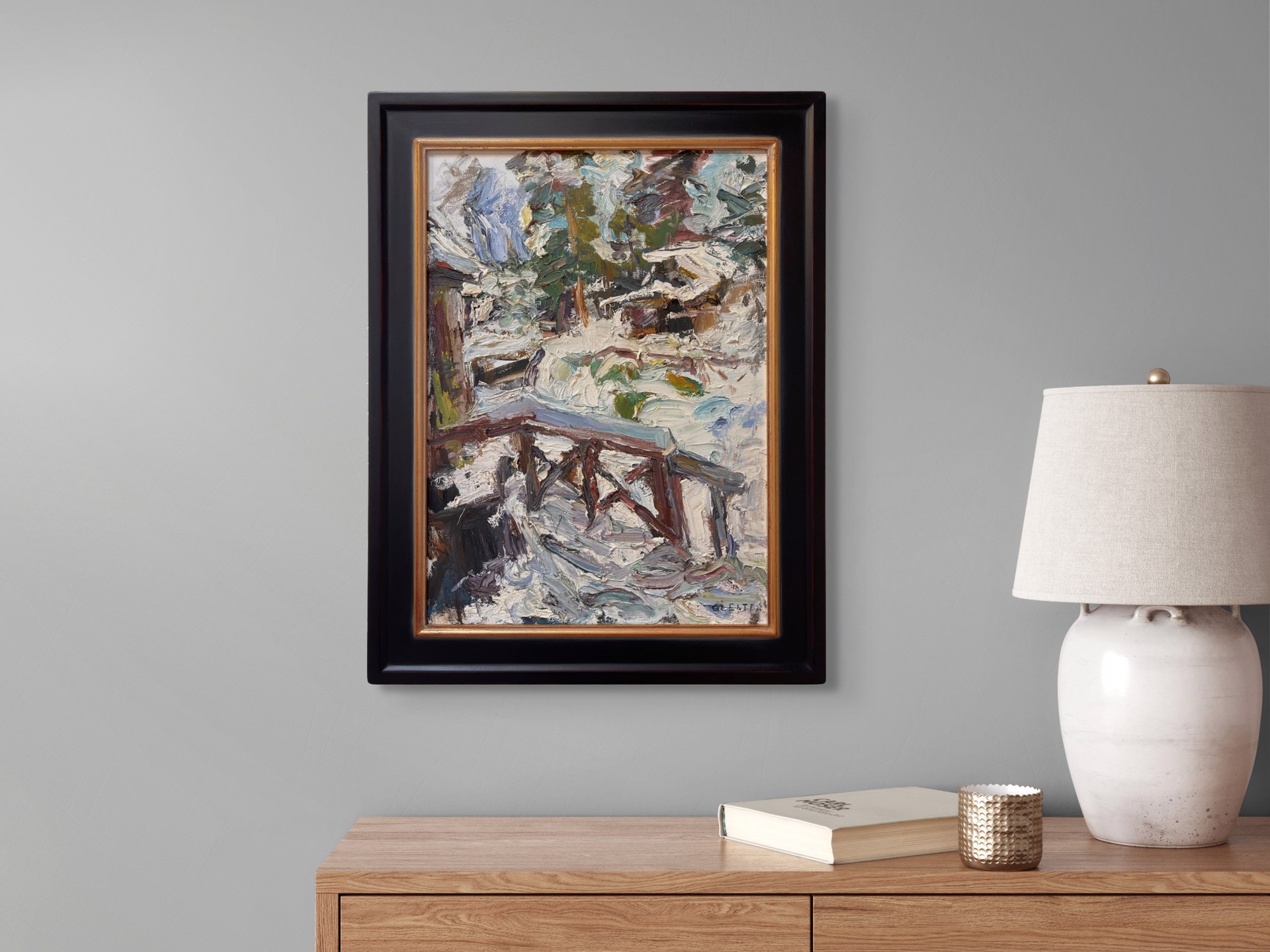 A painting of a wooden bridge in the snow.