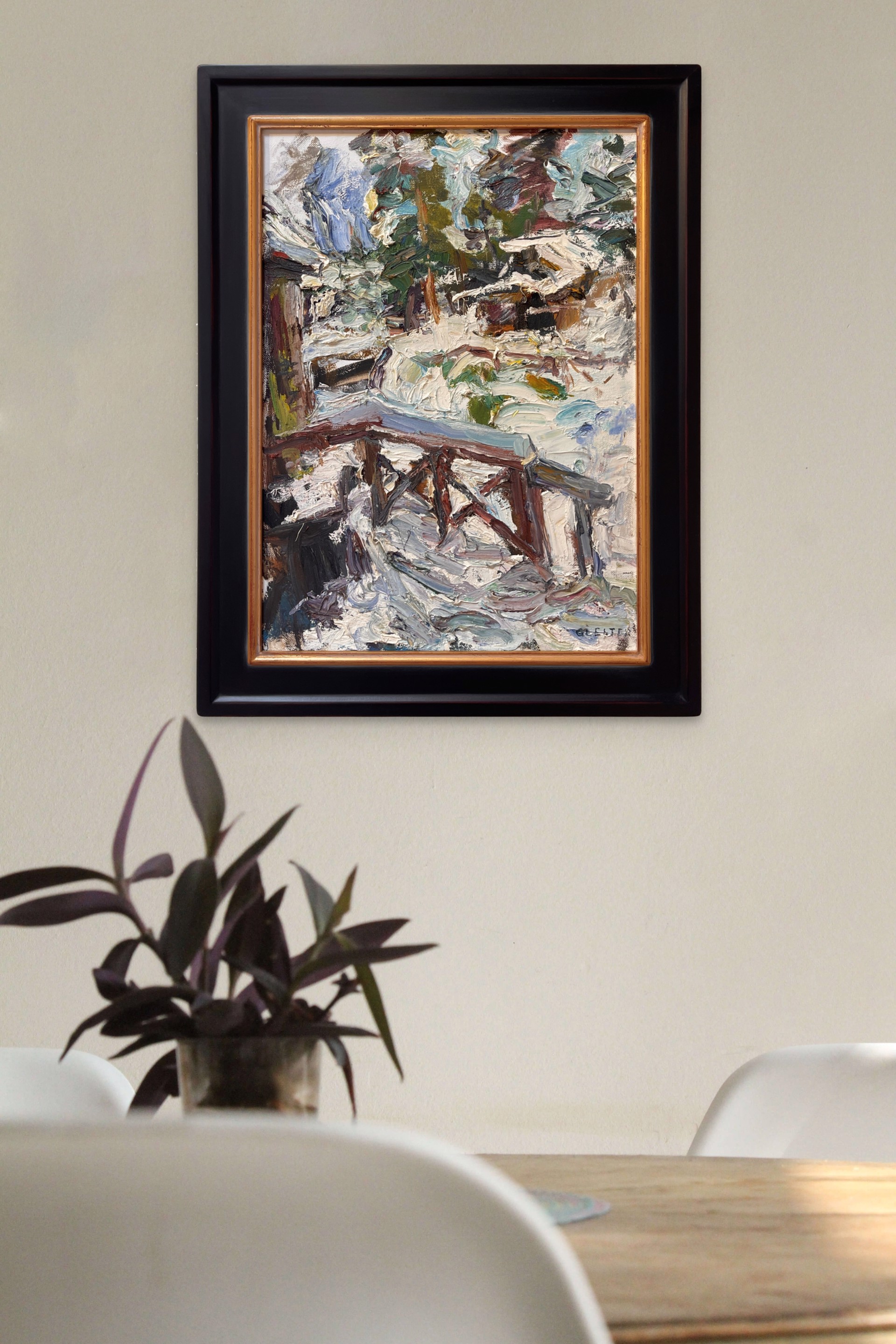A painting of a wooden bridge in the snow.