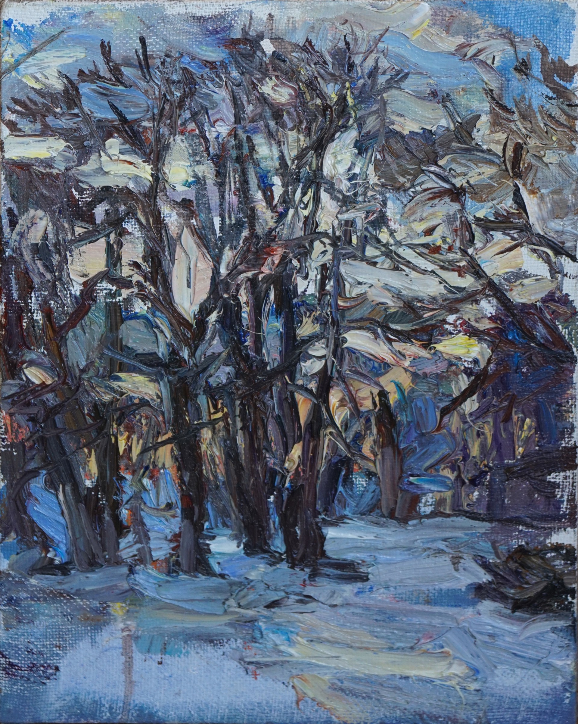 A painting of trees in a snowy landscape. 