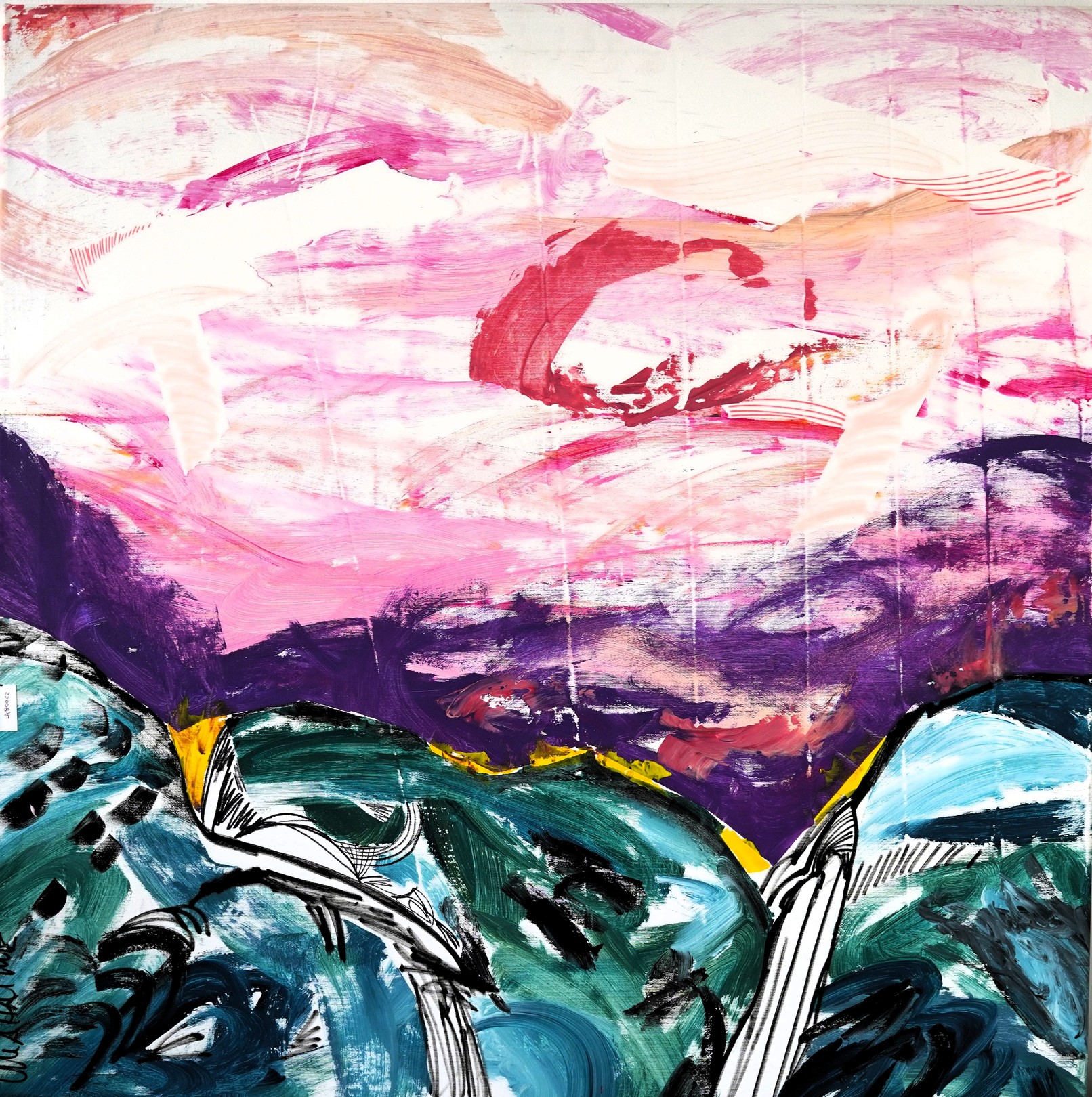 A vibrant abstract landscape featuring a stylized bird perched on a green hill against a dramatic pink and purple sky.
