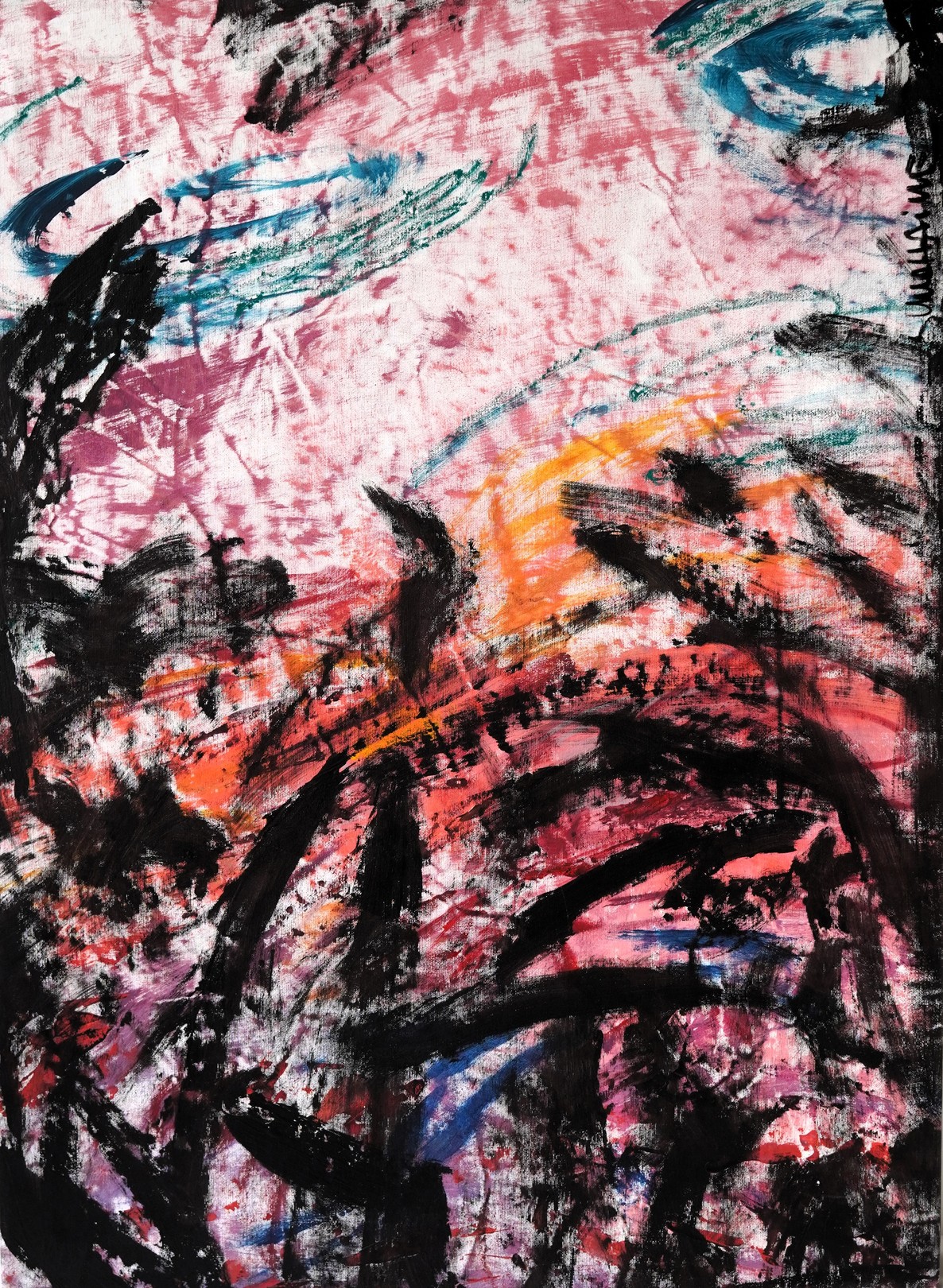 An abstract expressionist painting featuring bold black brushstrokes over a vibrant pink, orange, and blue background.