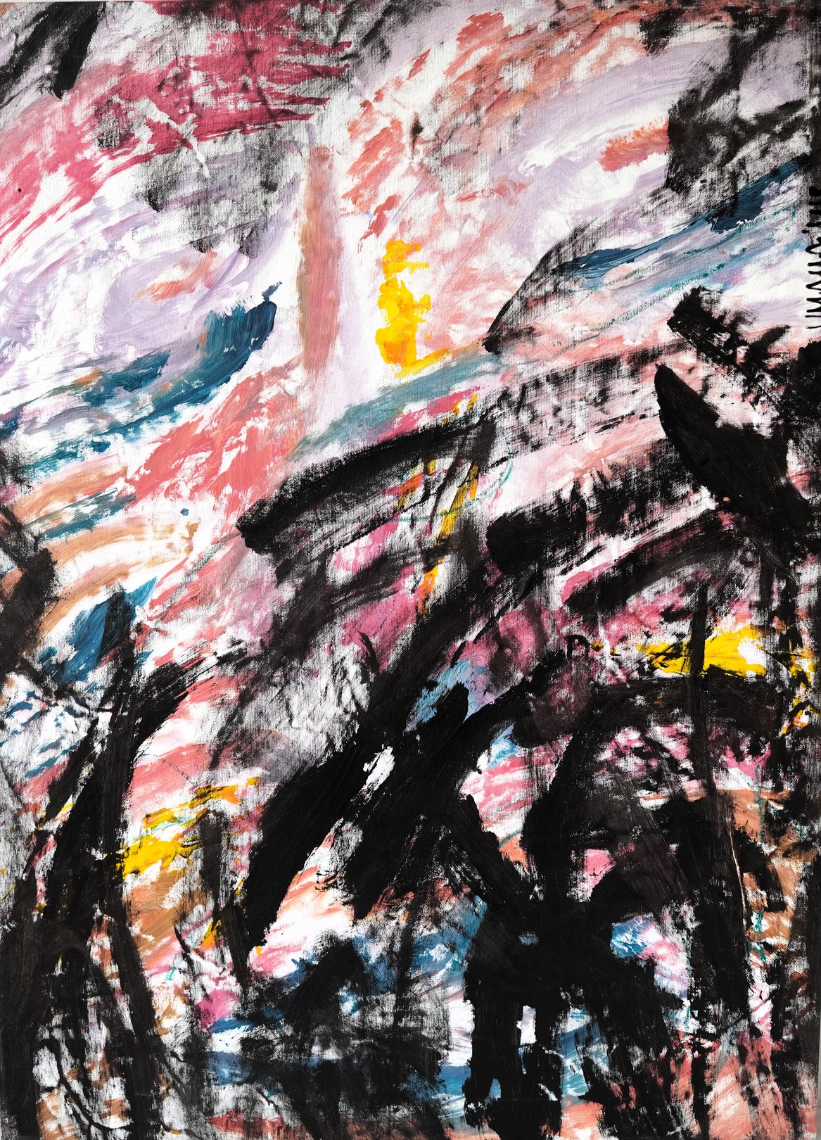 A dynamic abstract composition featuring bold black brushstrokes against a vibrant, textured background of pink, blue, and yellow.