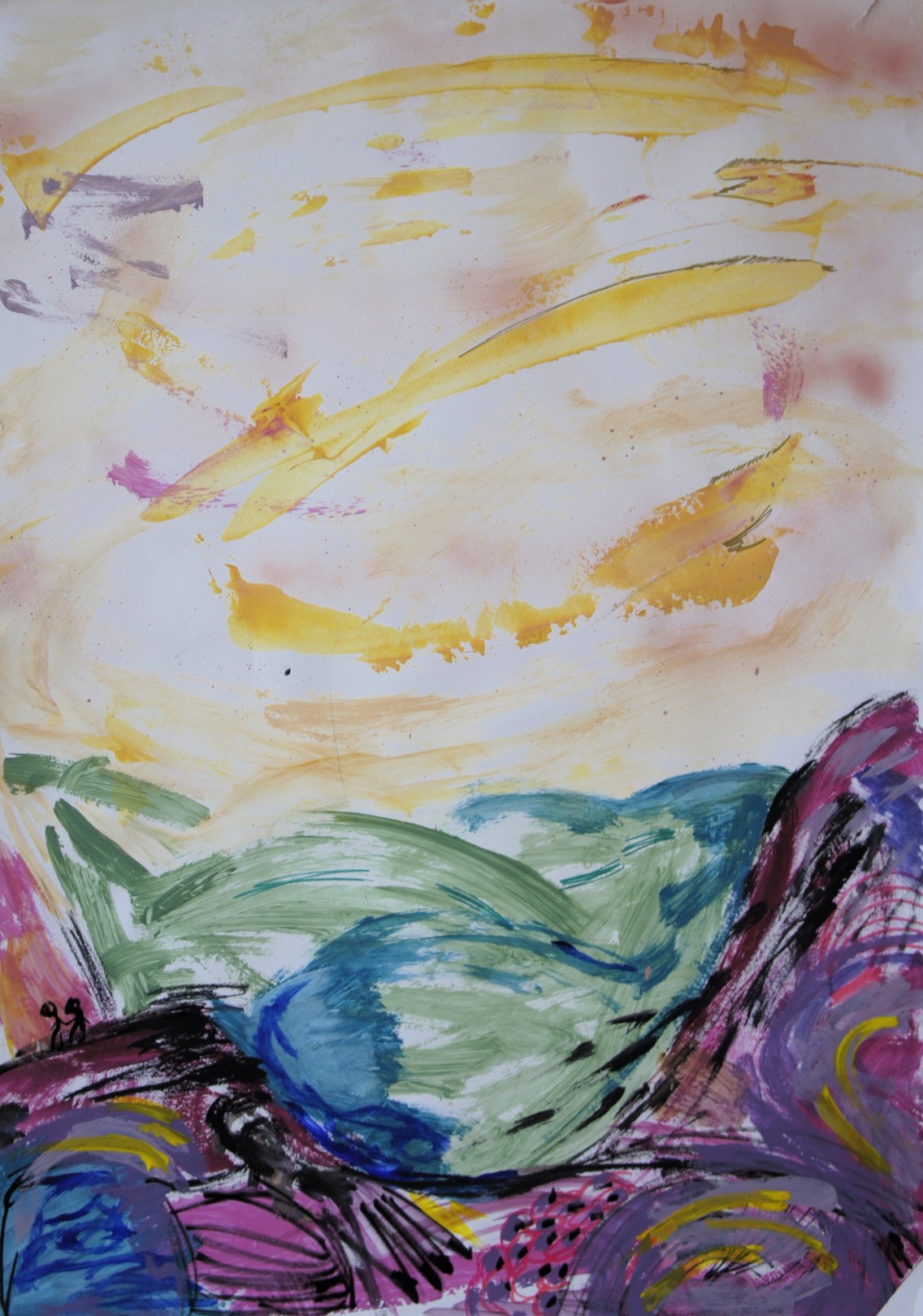 An abstract watercolor painting featuring a vibrant landscape with rolling hills and a sky filled with yellow brushstrokes.