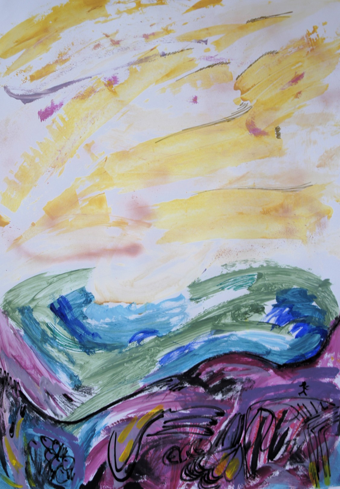 A vibrant abstract landscape featuring rolling hills and a bright sky rendered in bold, expressive strokes.