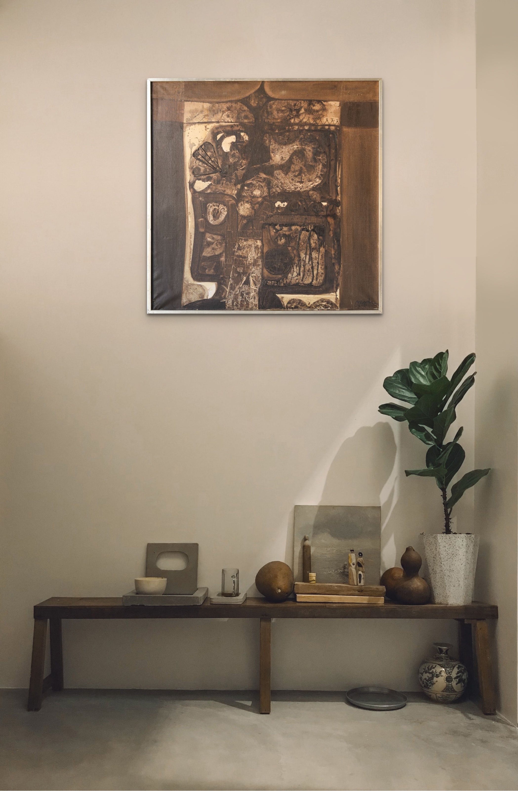 A painting of a room with a lot of different things on it.