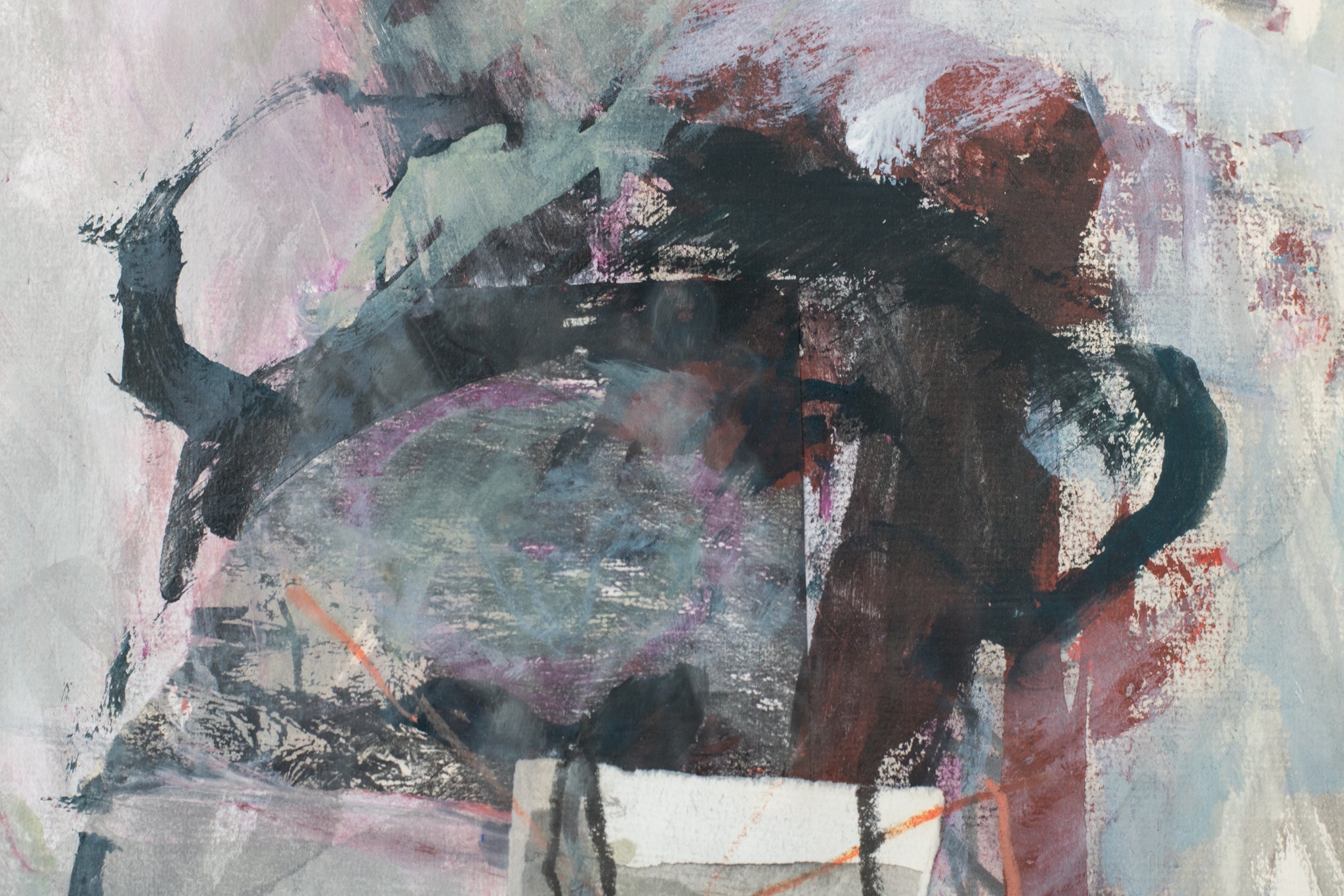 A painting of a black and white painting on a gray background.