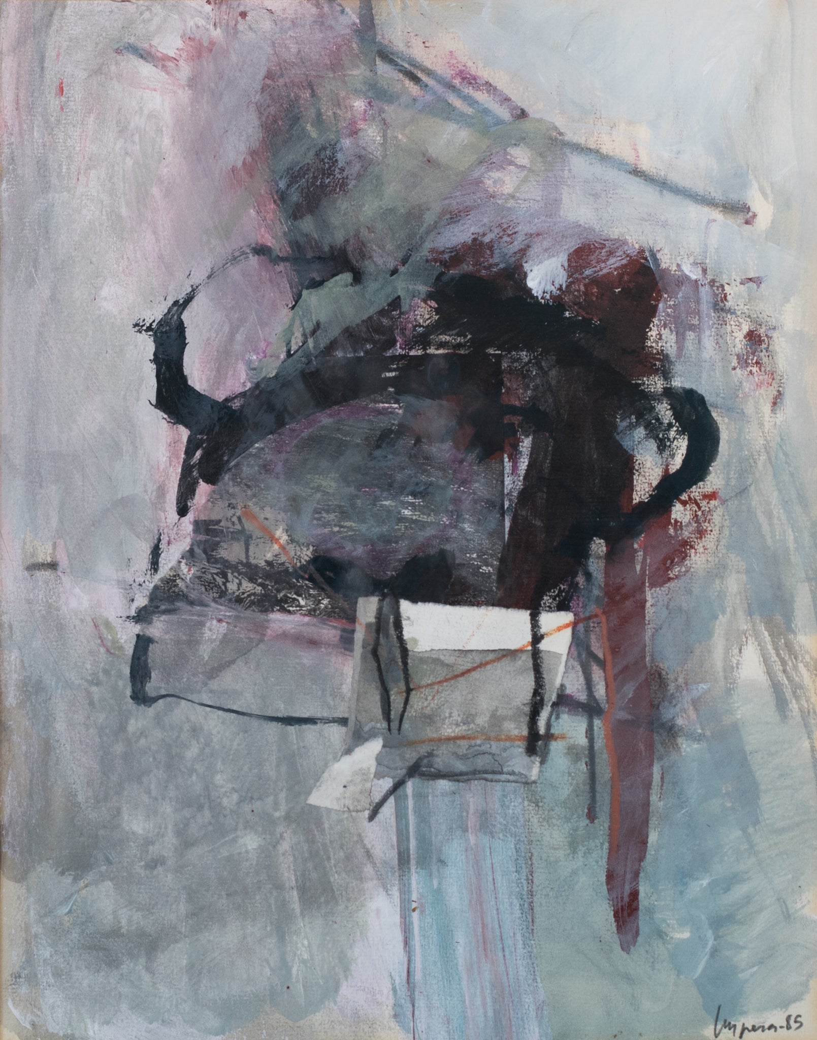 A painting of a black and white painting on a gray background.