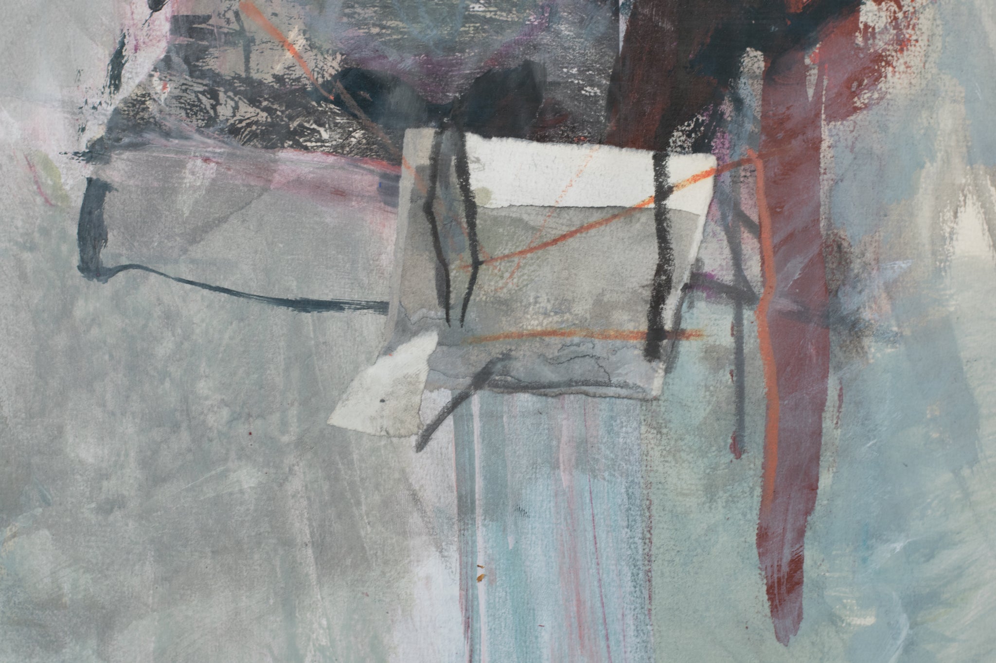 A painting of a black and white painting on a gray background.