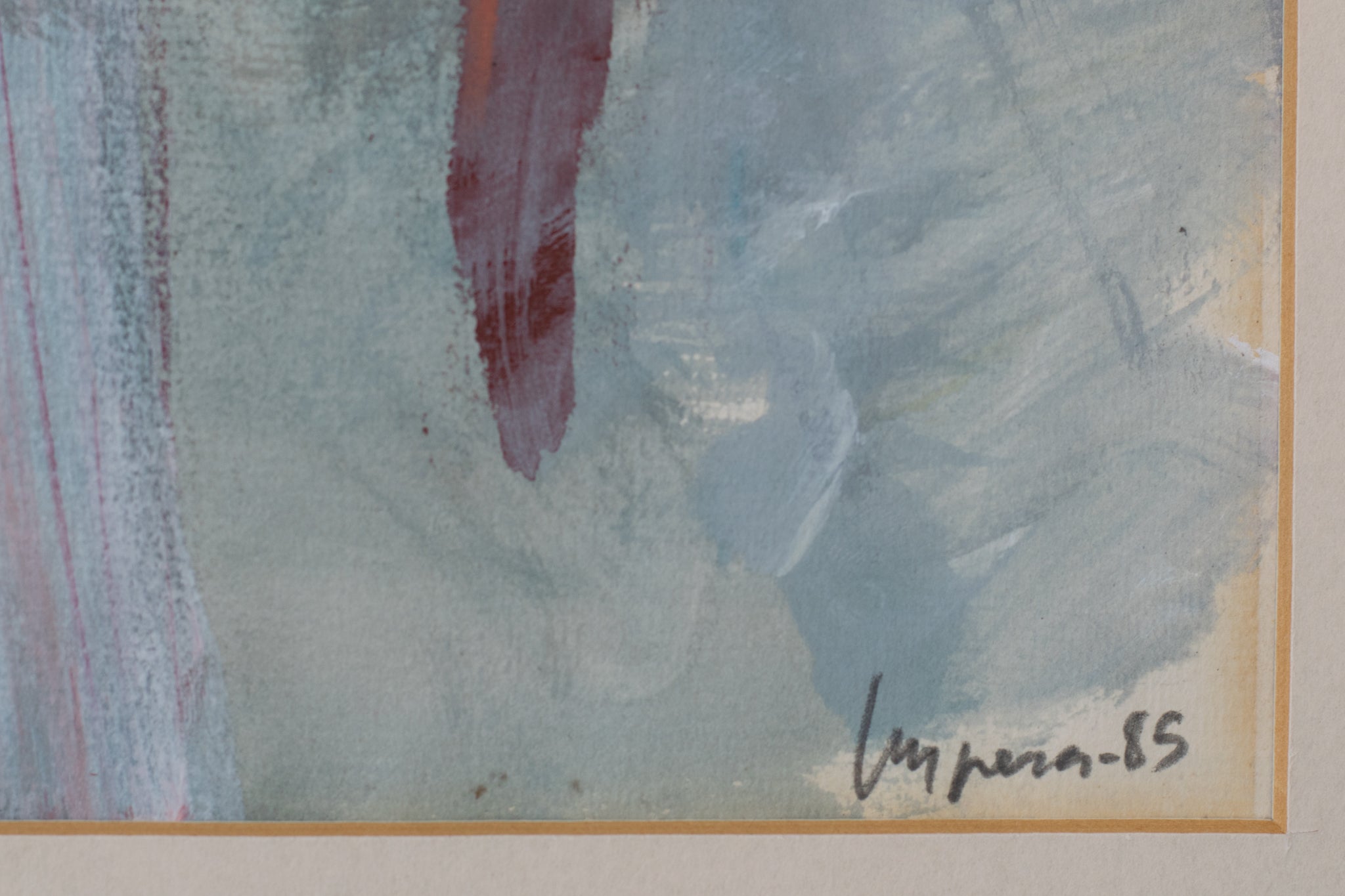 A painting of a black and white painting on a gray background.