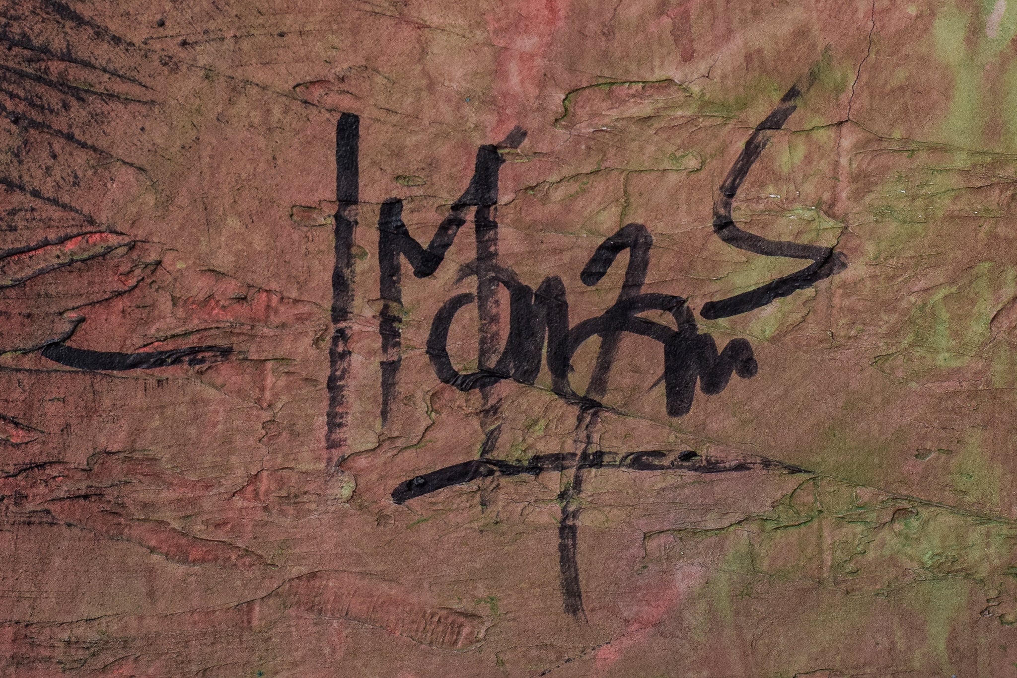 A painting of a red and green abstract painting.