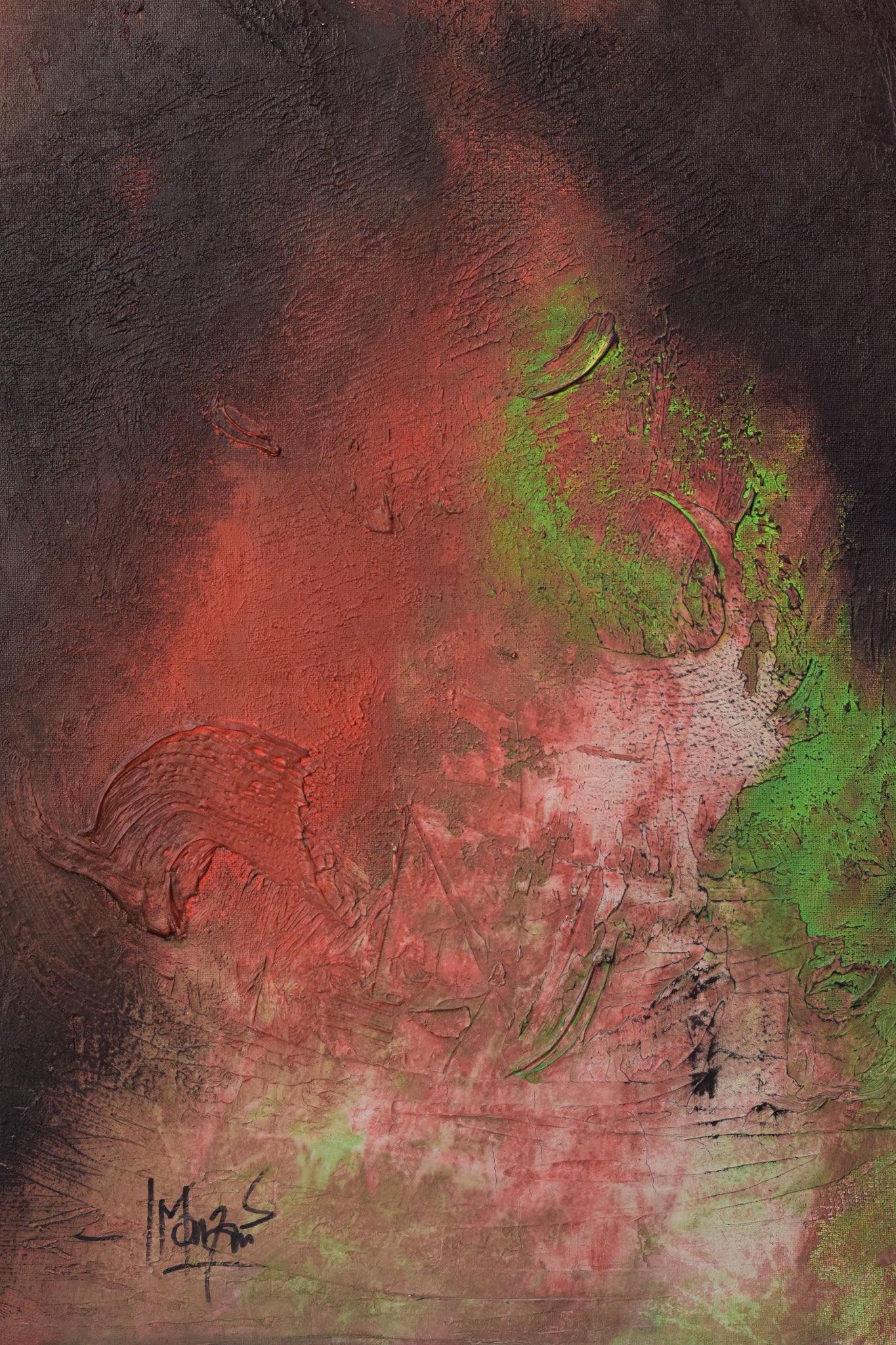 A painting of a red and green abstract painting.