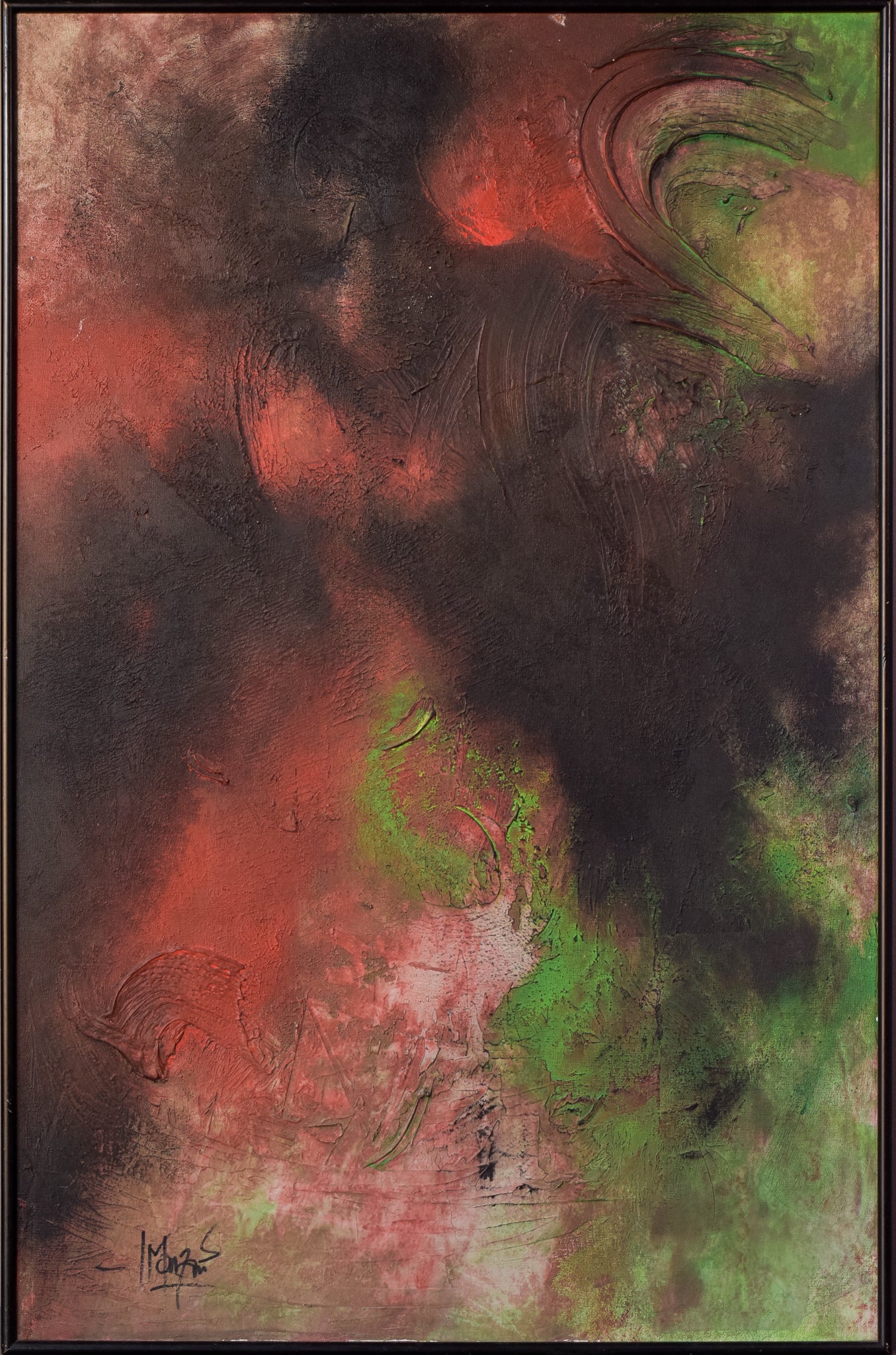 A painting of a red and green abstract painting.
