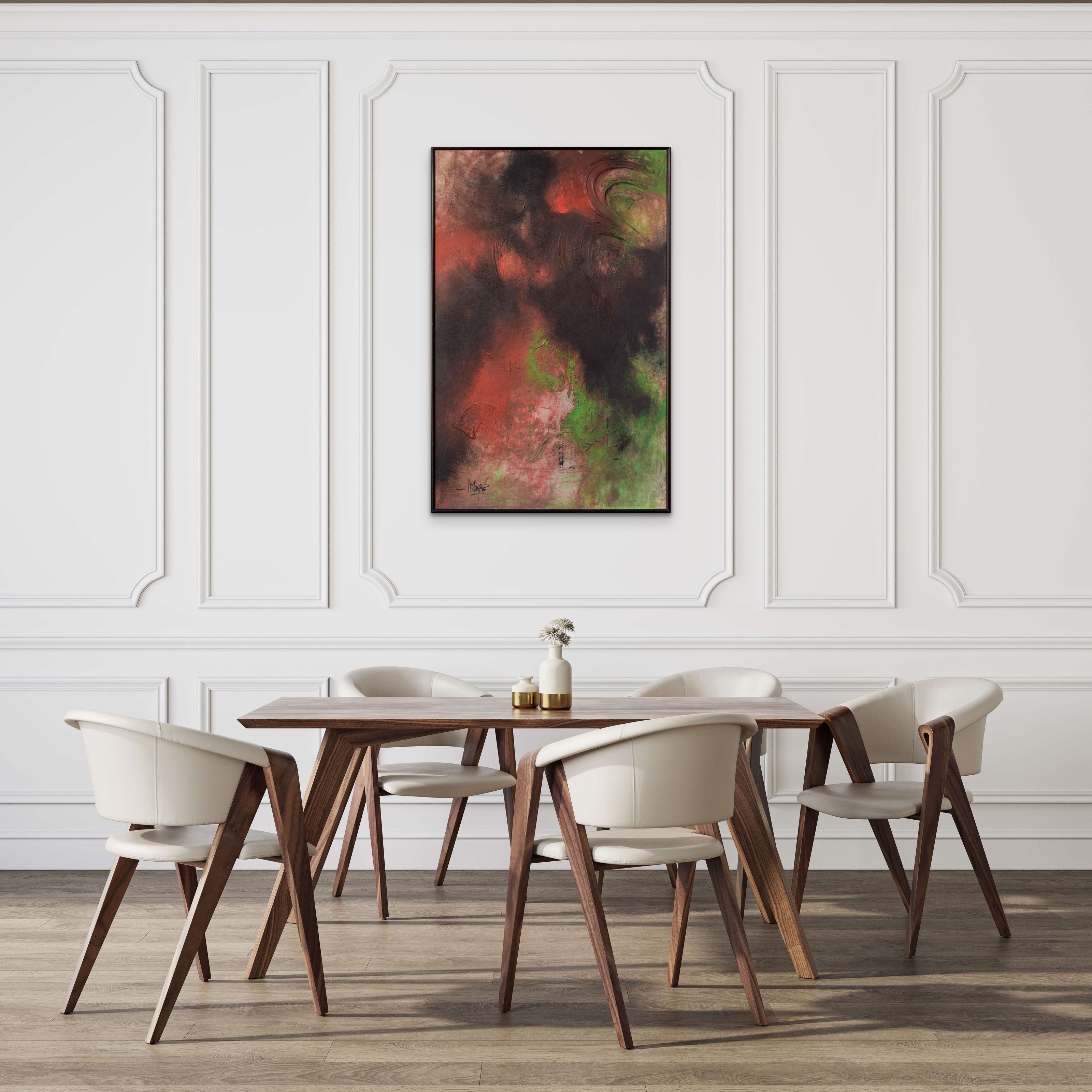 A painting of a red and green abstract painting.