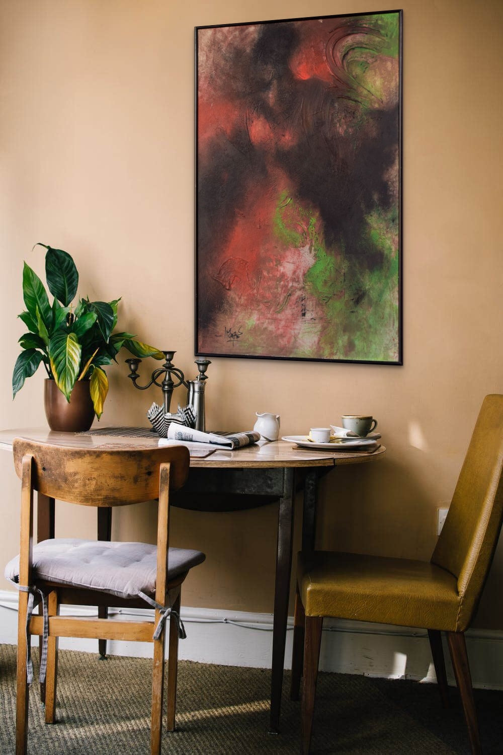 A painting of a red and green abstract painting.