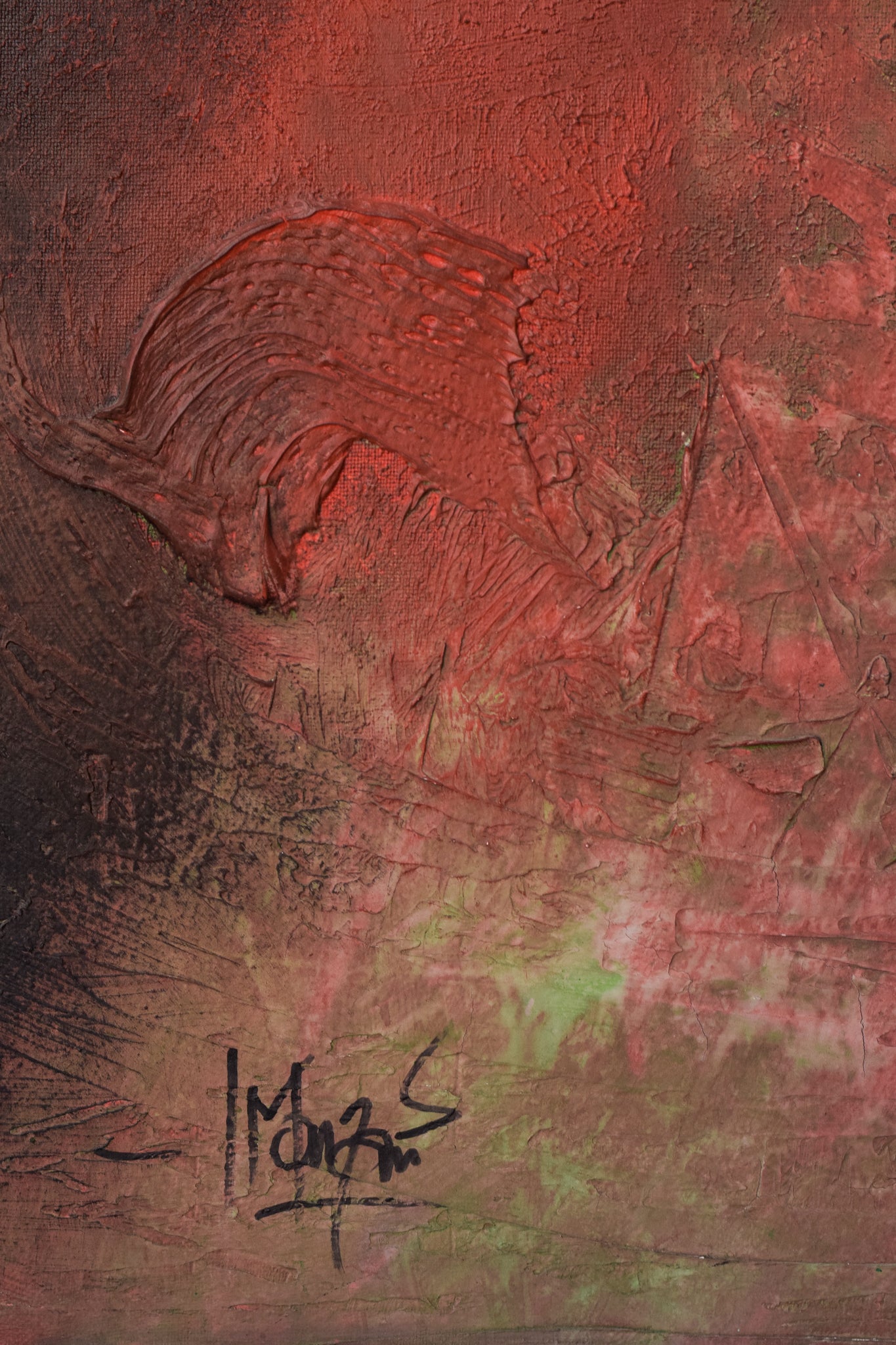 A painting of a red and green abstract painting.