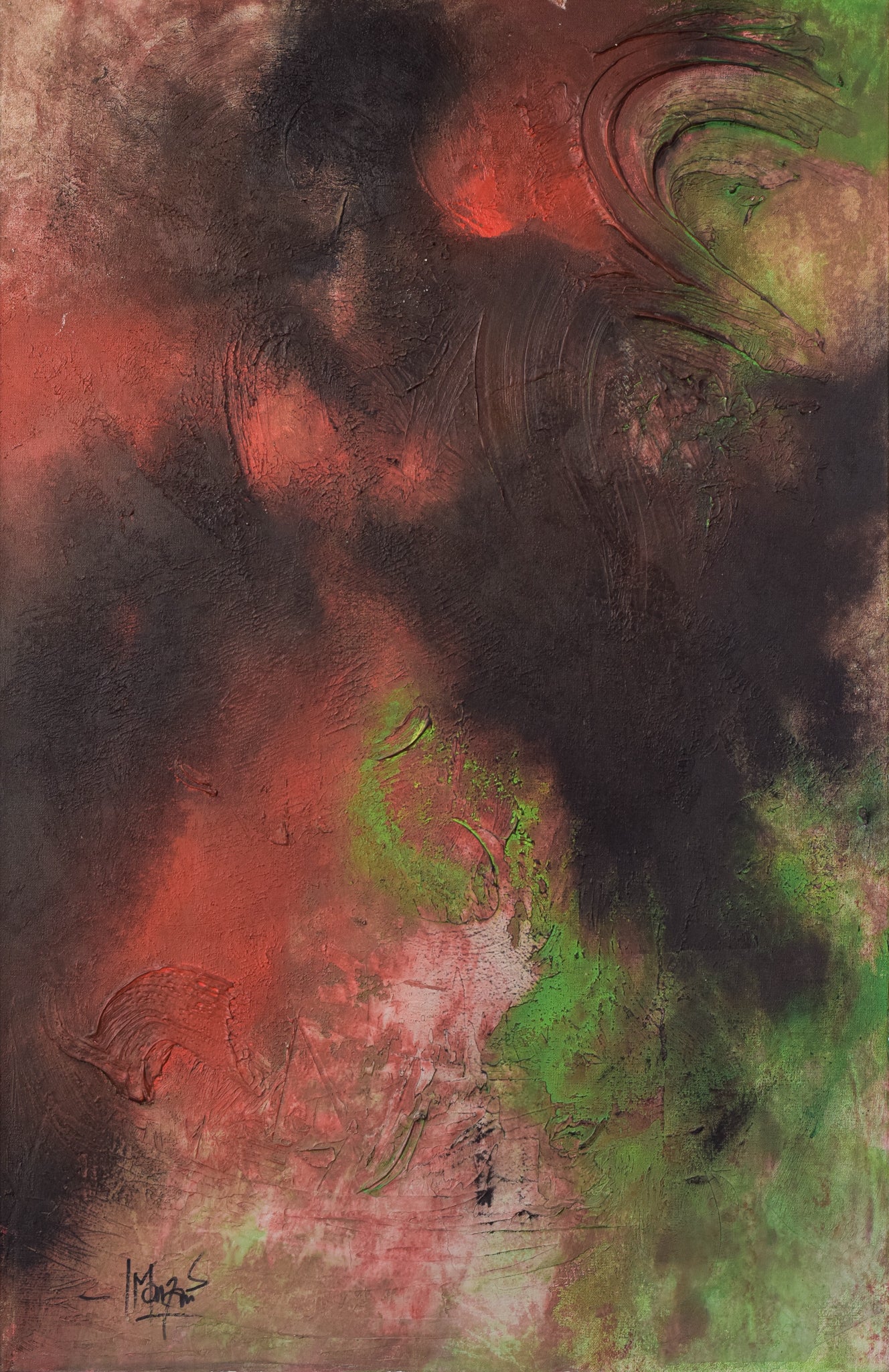 A painting of a red and green abstract painting.