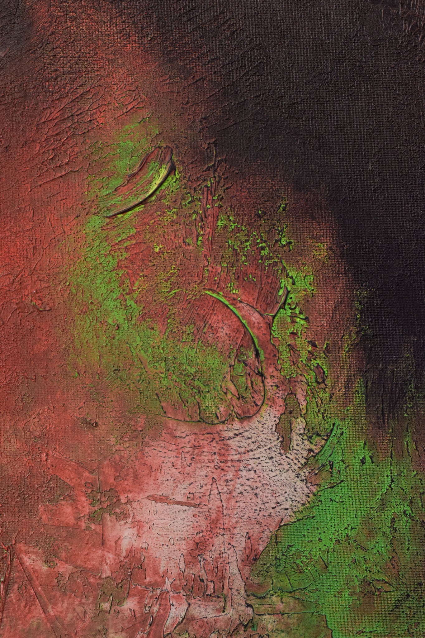 A painting of a red and green abstract painting.