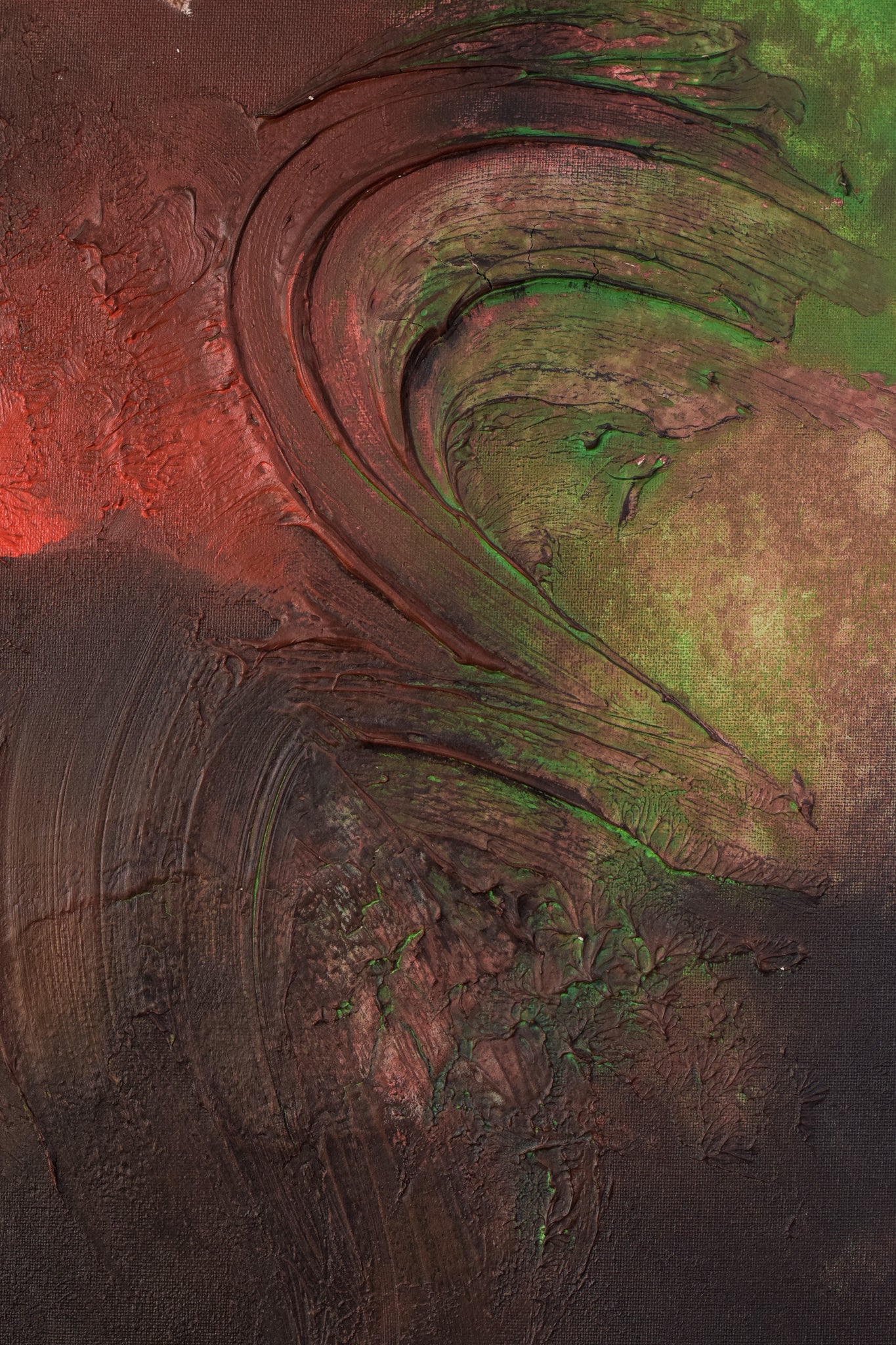 A painting of a red and green abstract painting.