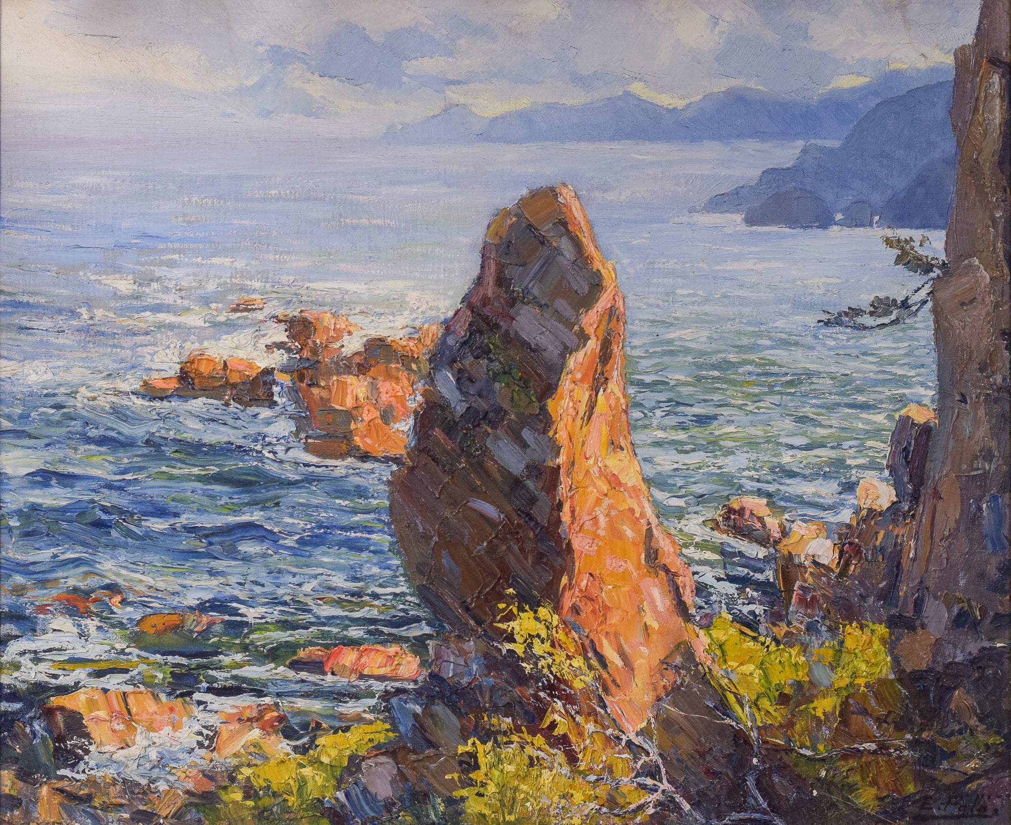 A painting of a rocky shoreline with a body of water.