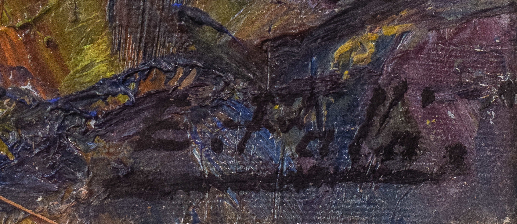 A painting of a rocky shoreline with a body of water.