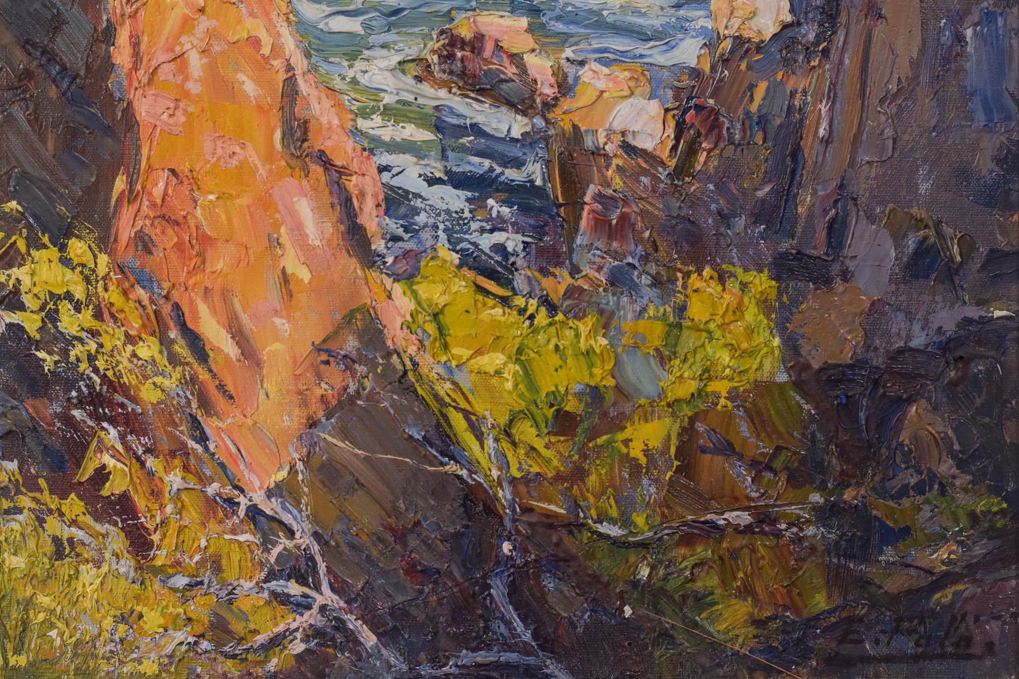 A painting of a rocky shoreline with a body of water.