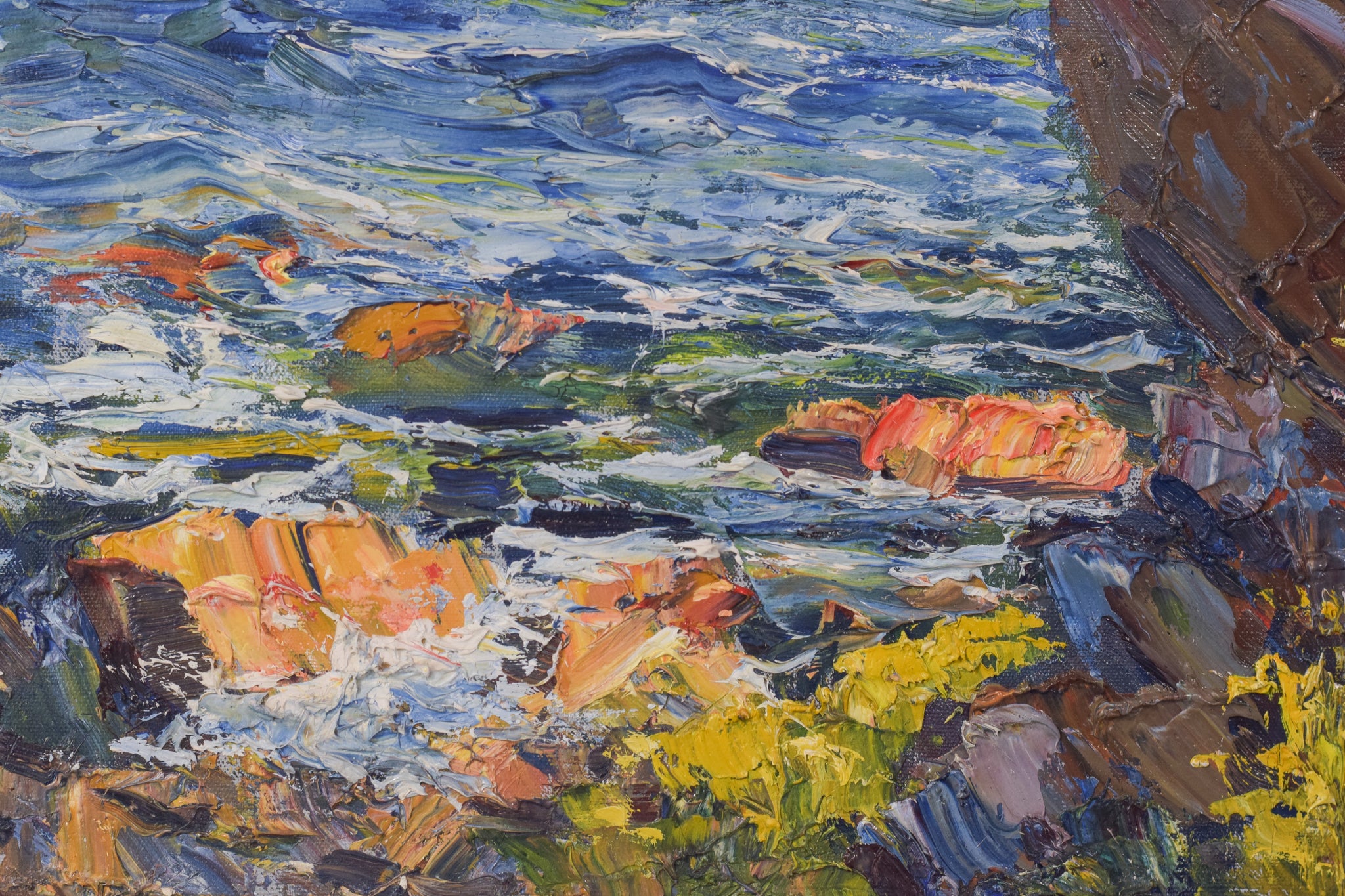 A painting of a rocky shoreline with a body of water.