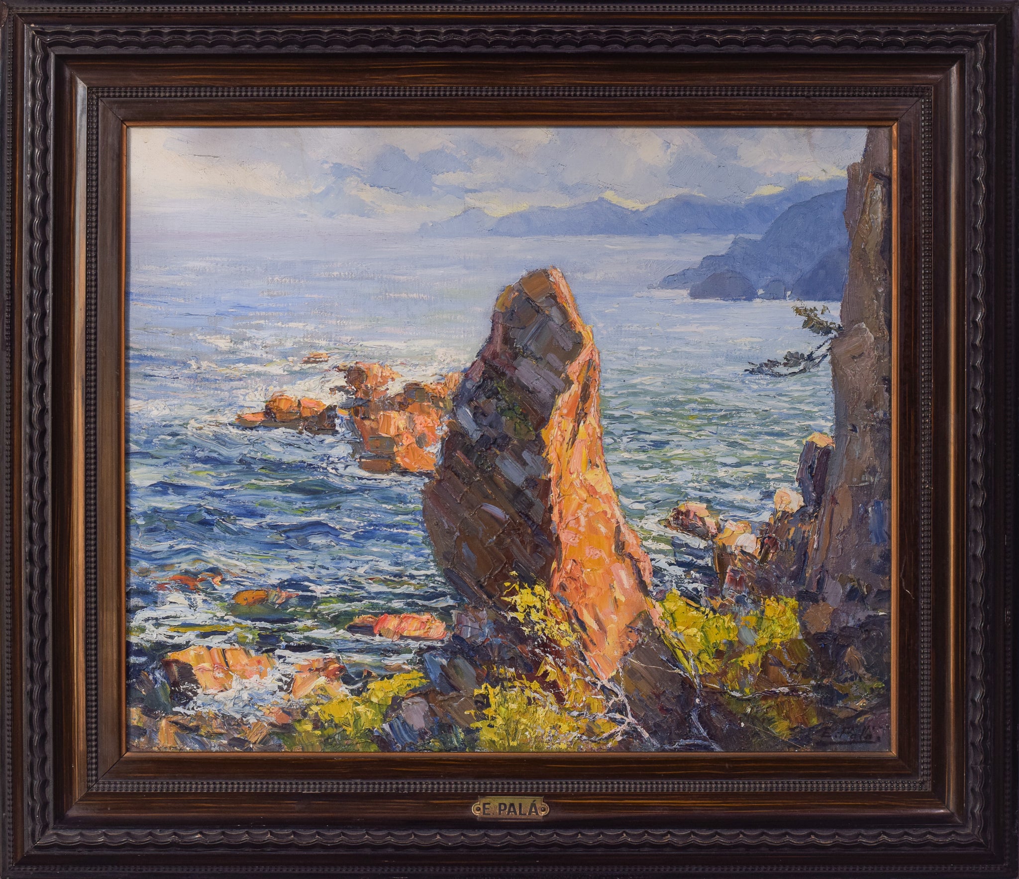 A painting of a rocky shoreline with a body of water.