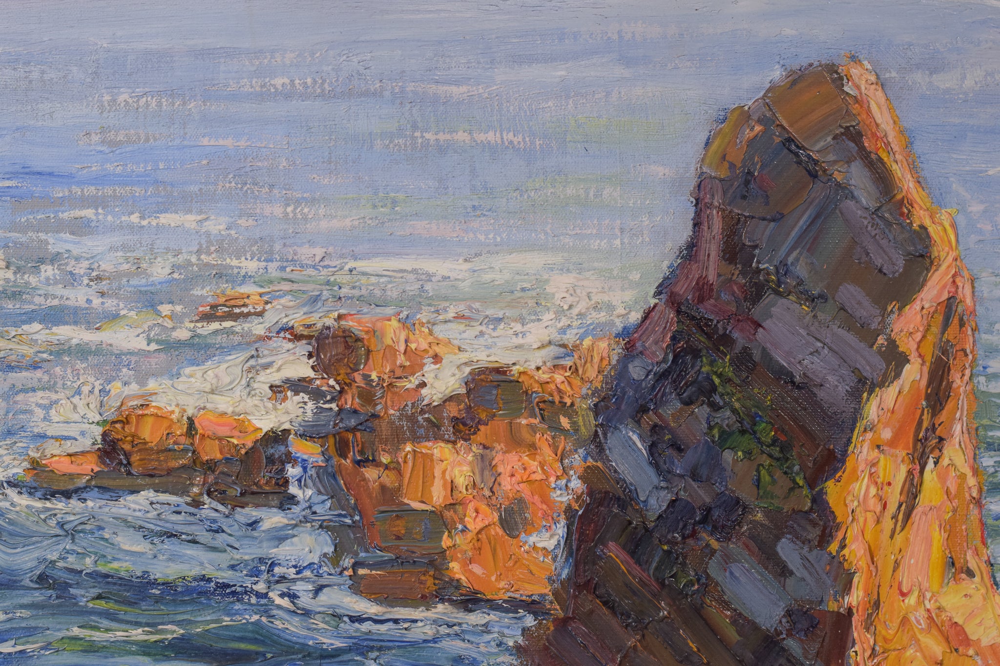A painting of a rocky shoreline with a body of water.