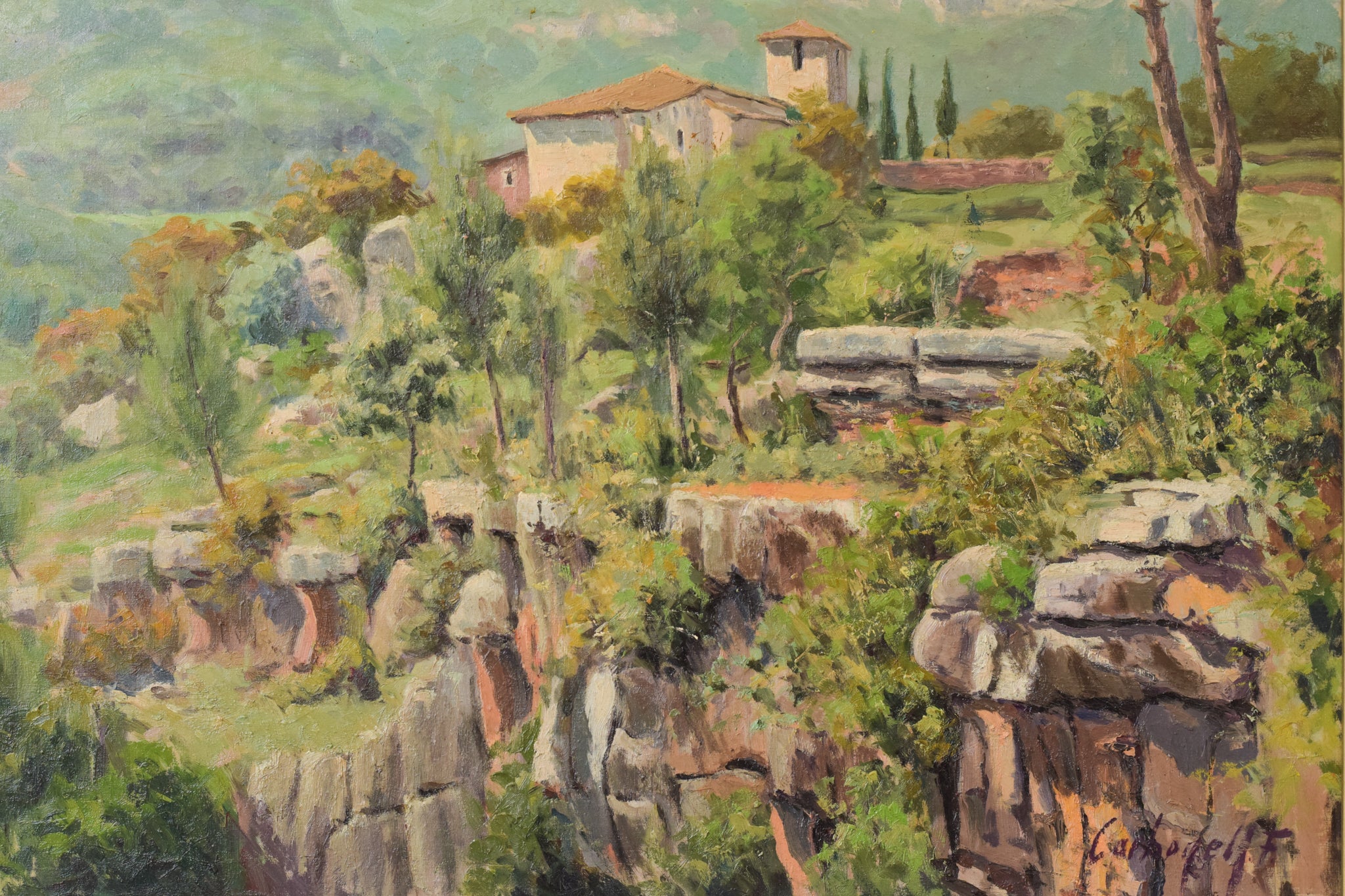 A painting of a landscape with a house on a hill.