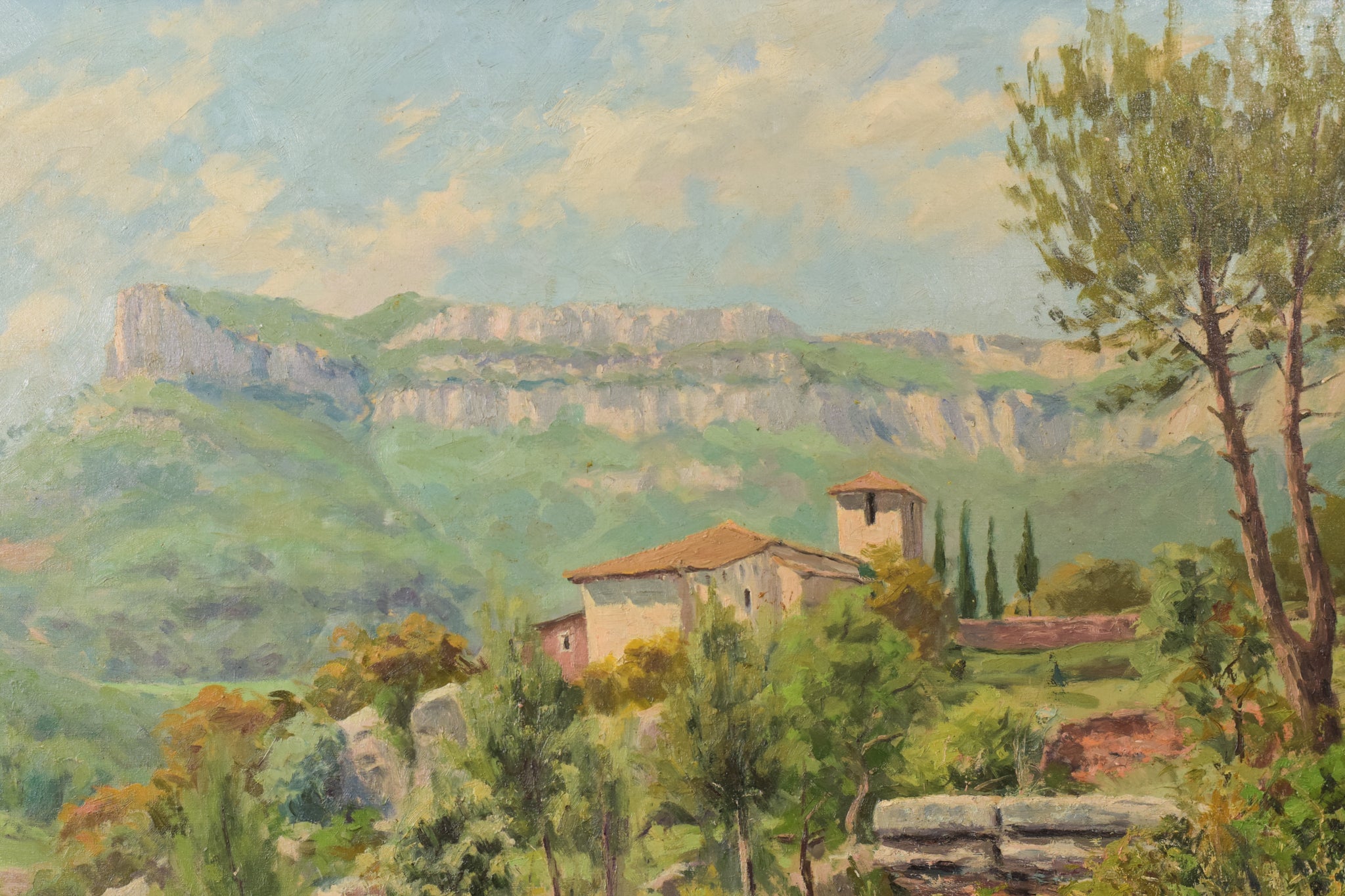 A painting of a landscape with a house on a hill.