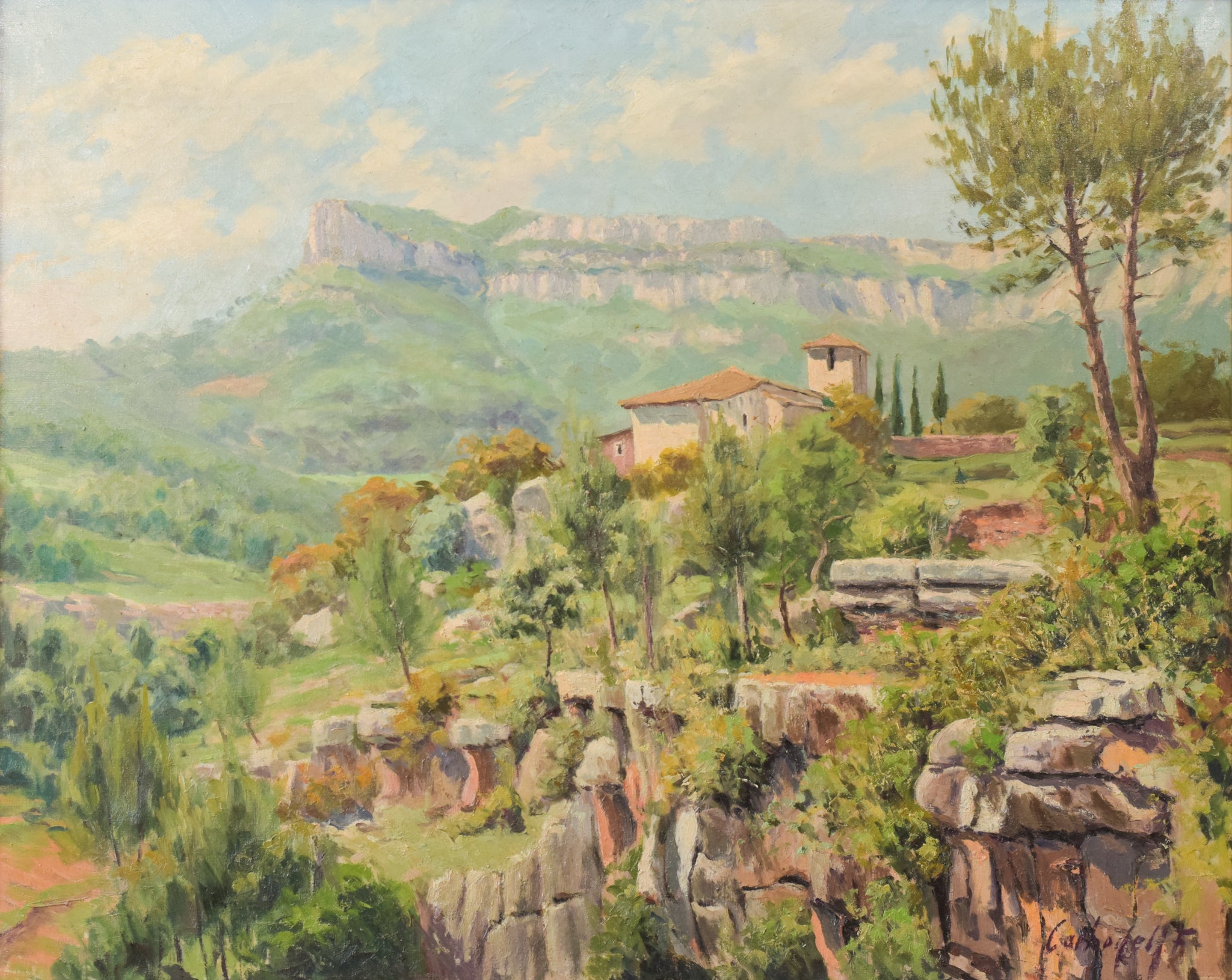A painting of a landscape with a house on a hill.