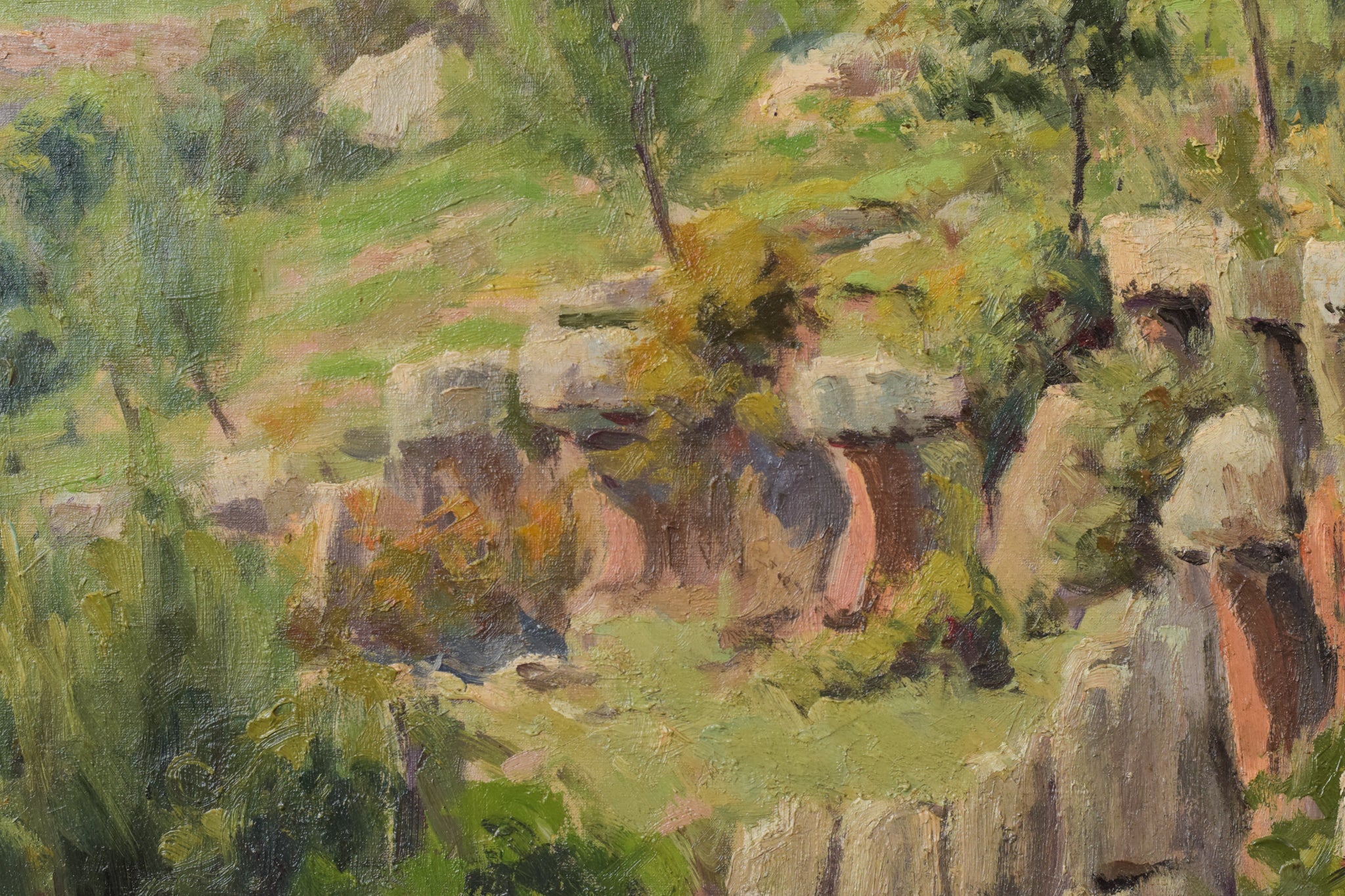 A painting of a landscape with a house on a hill.