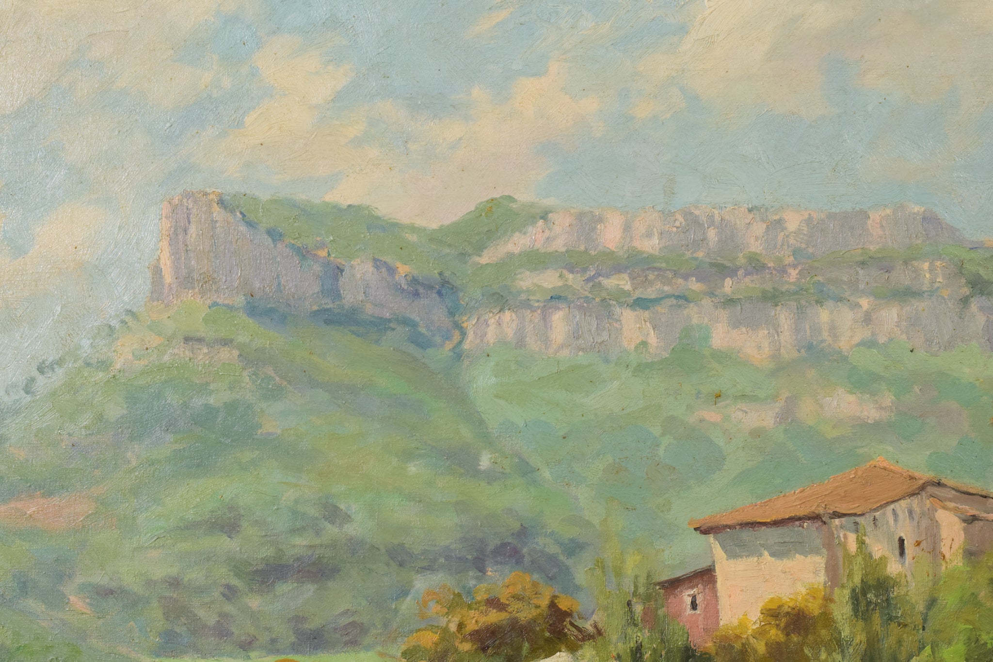 A painting of a landscape with a house on a hill.
