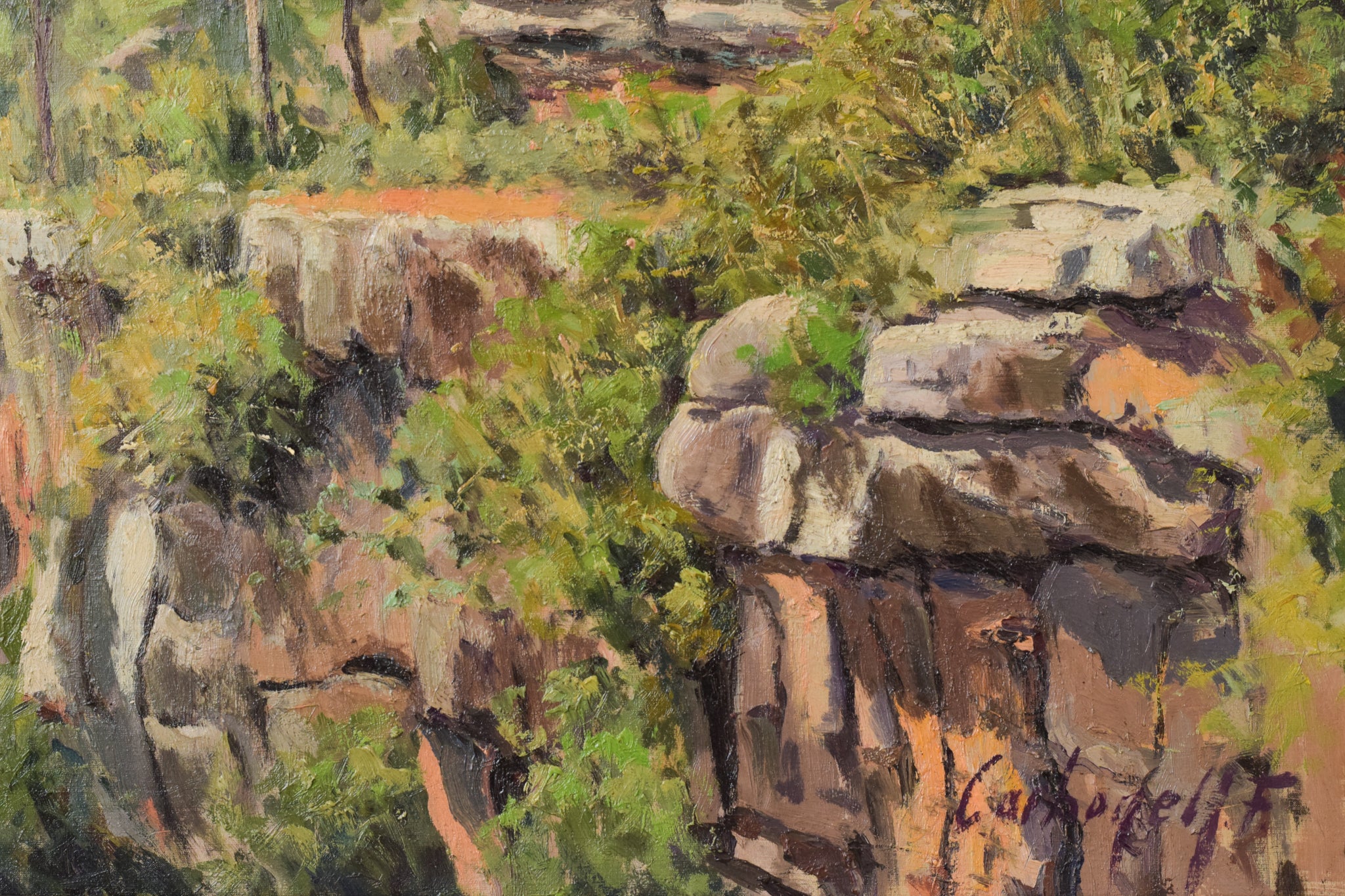 A painting of a landscape with a house on a hill.