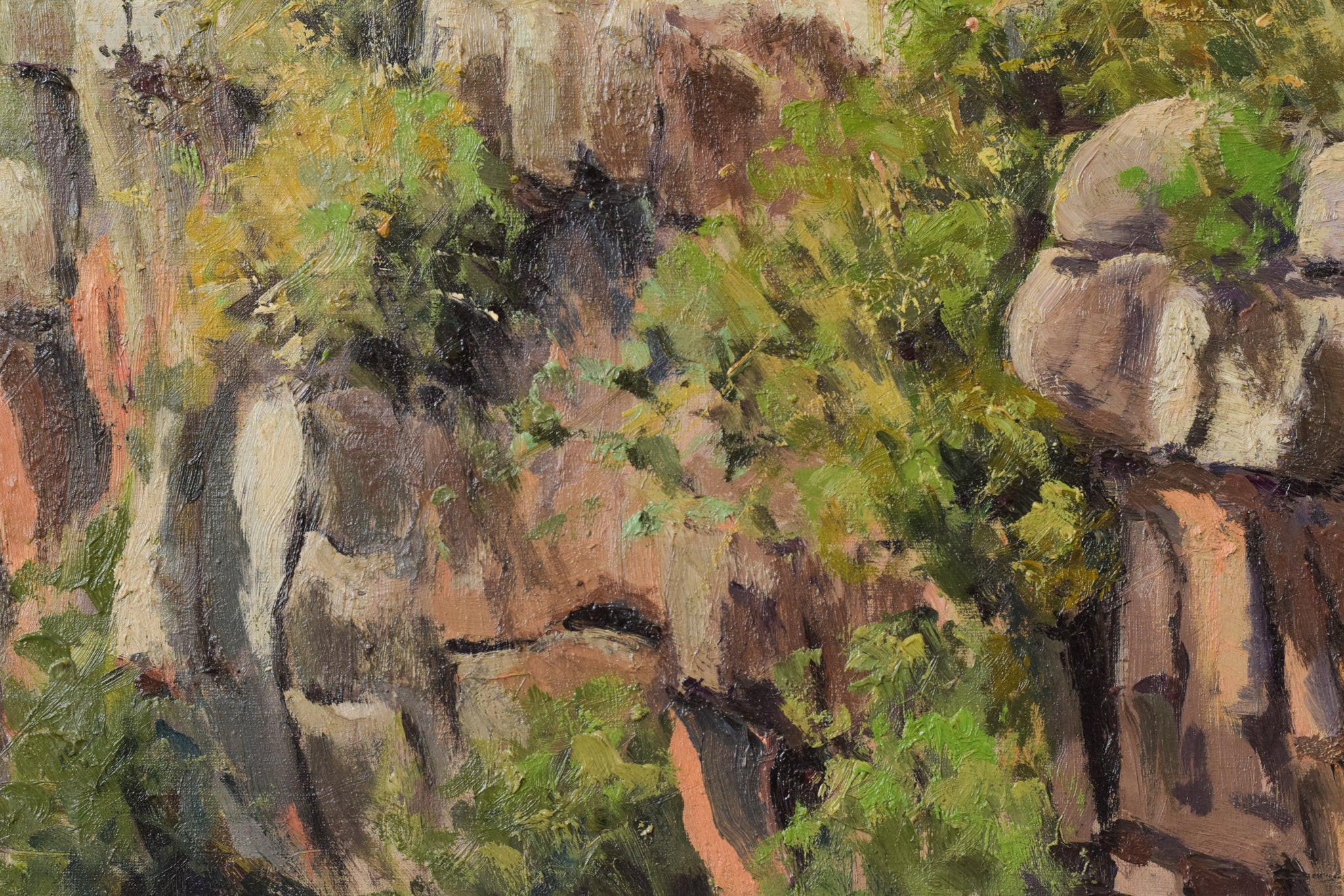 A painting of a landscape with a house on a hill.