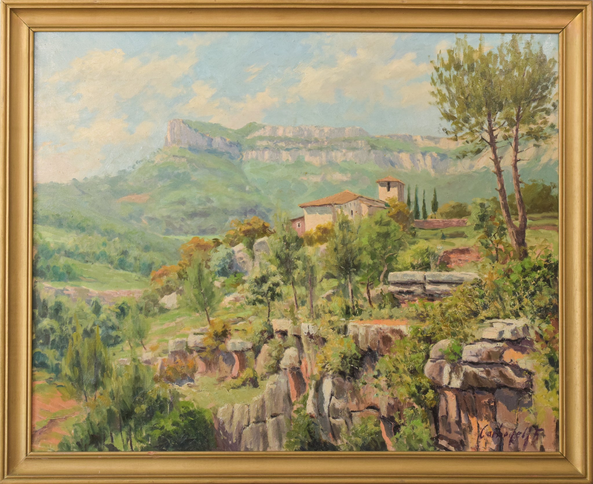 A painting of a landscape with a house on a hill.