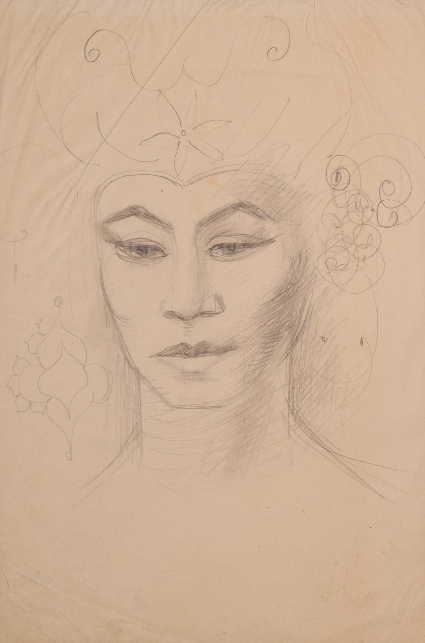 A drawing of a woman's face with a flower in her hair.