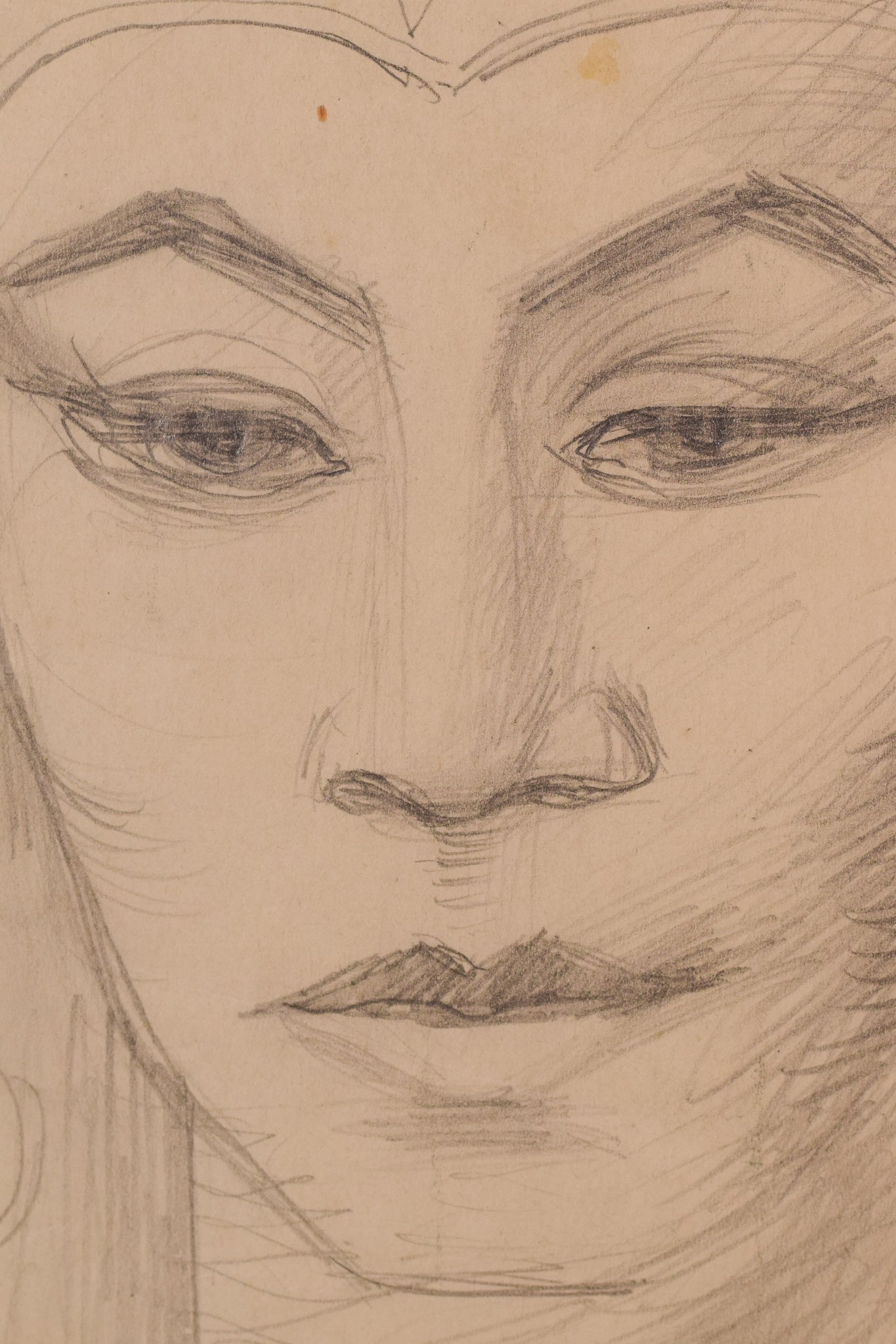 A drawing of a woman's face with a flower in her hair.