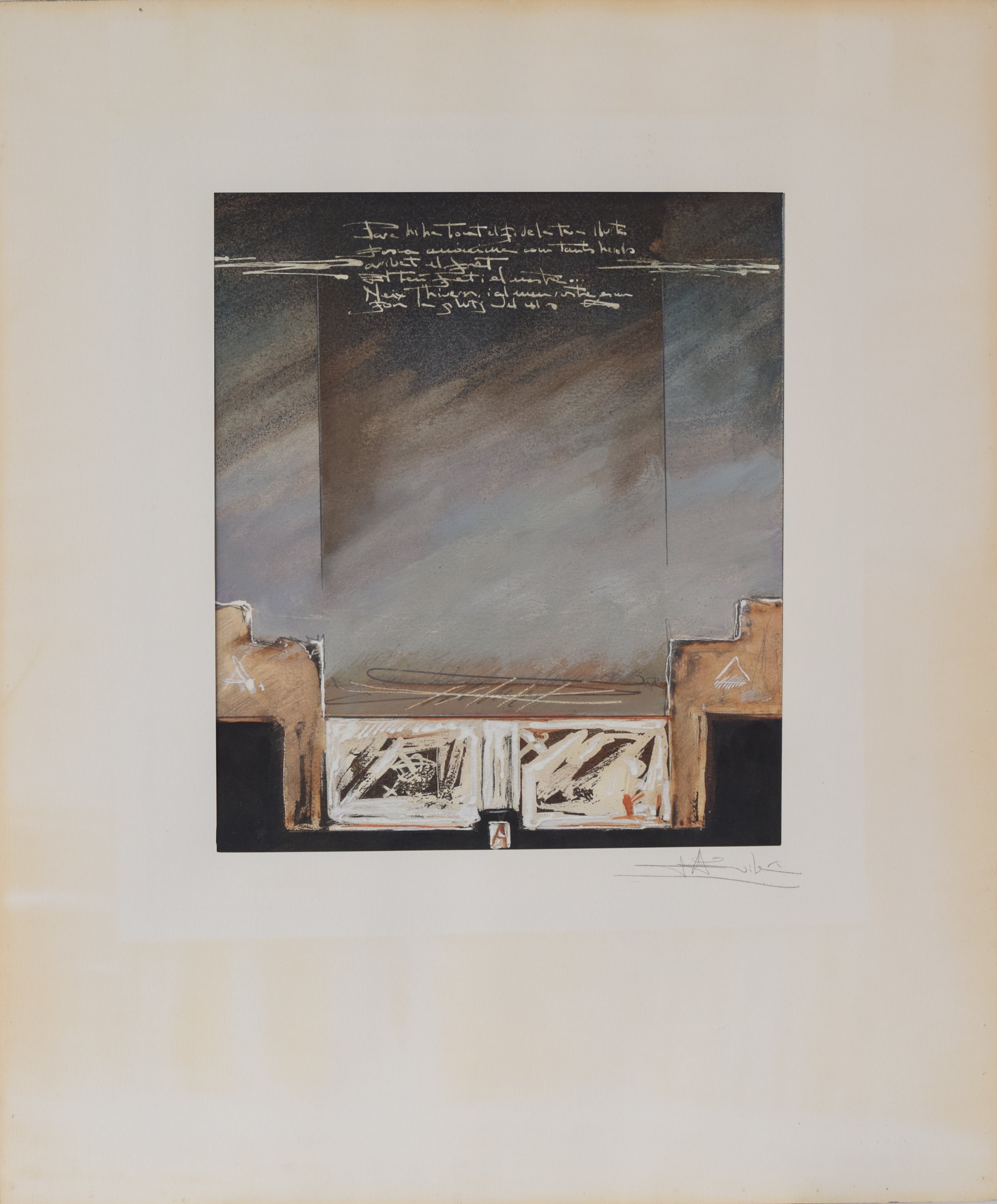 A drawing of a building with a quote on it.