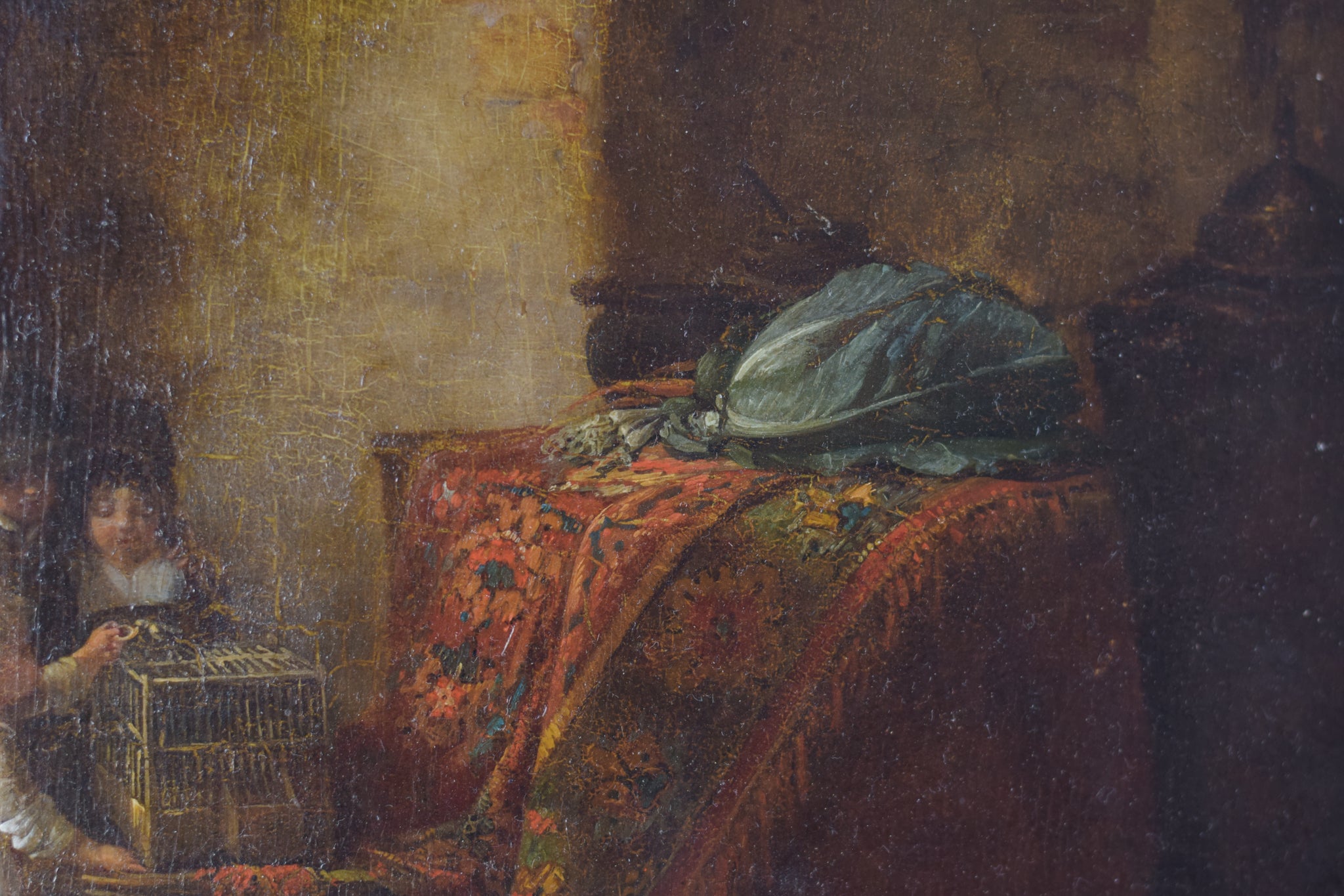 A painting of a woman sitting on a couch with two children.