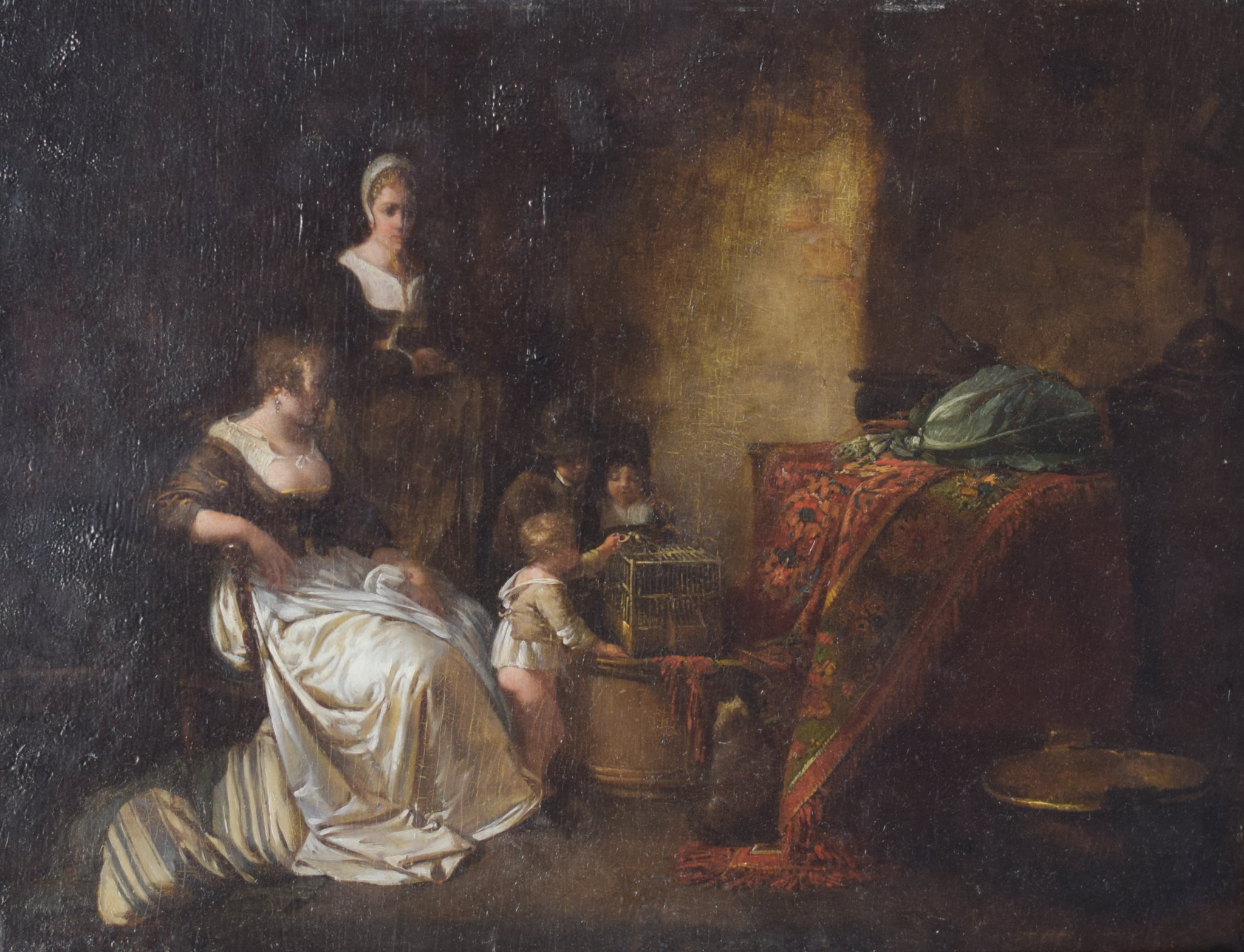 A painting of a woman sitting on a couch with two children.