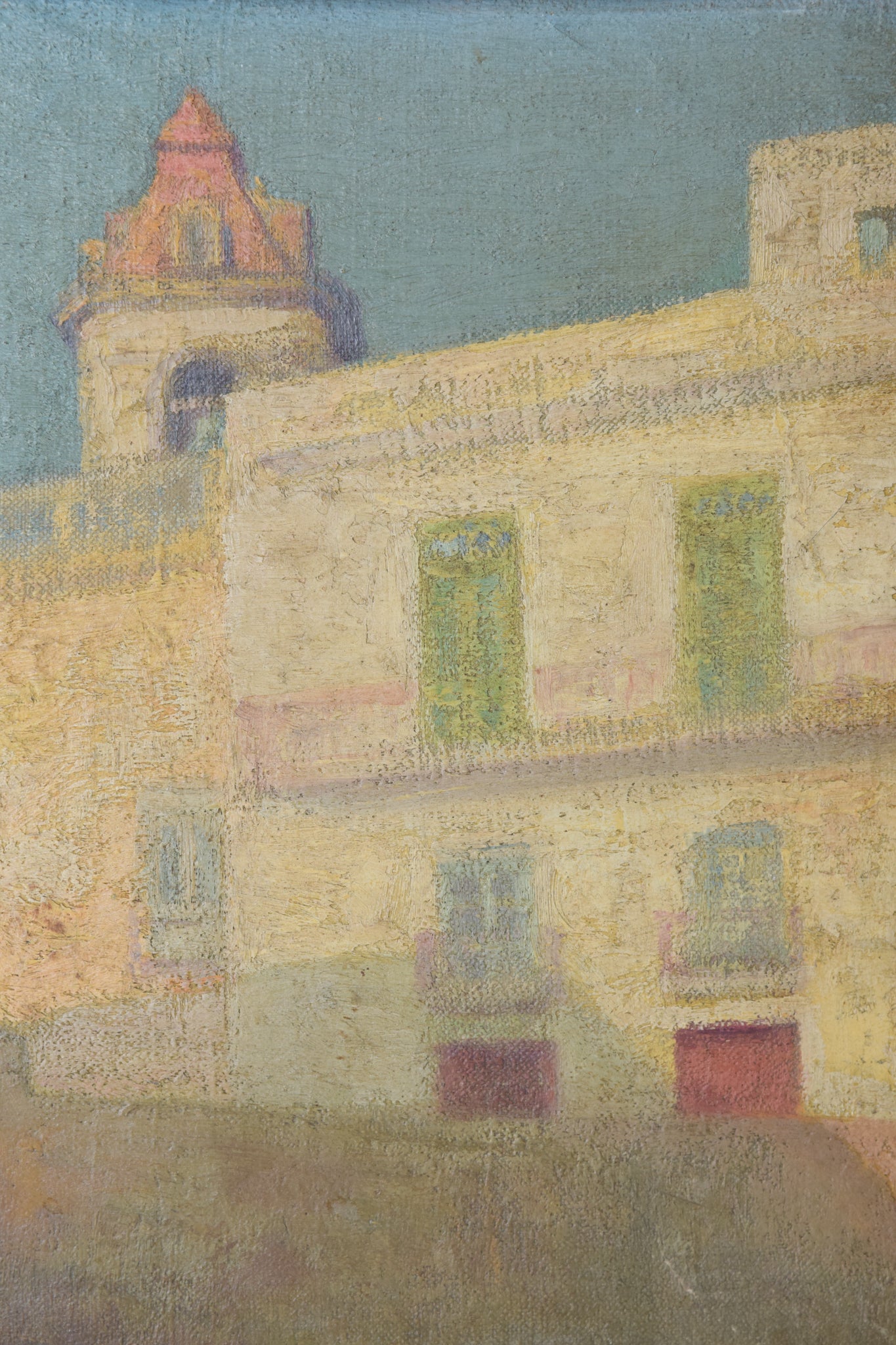 A painting of a building with a clock tower in the background.