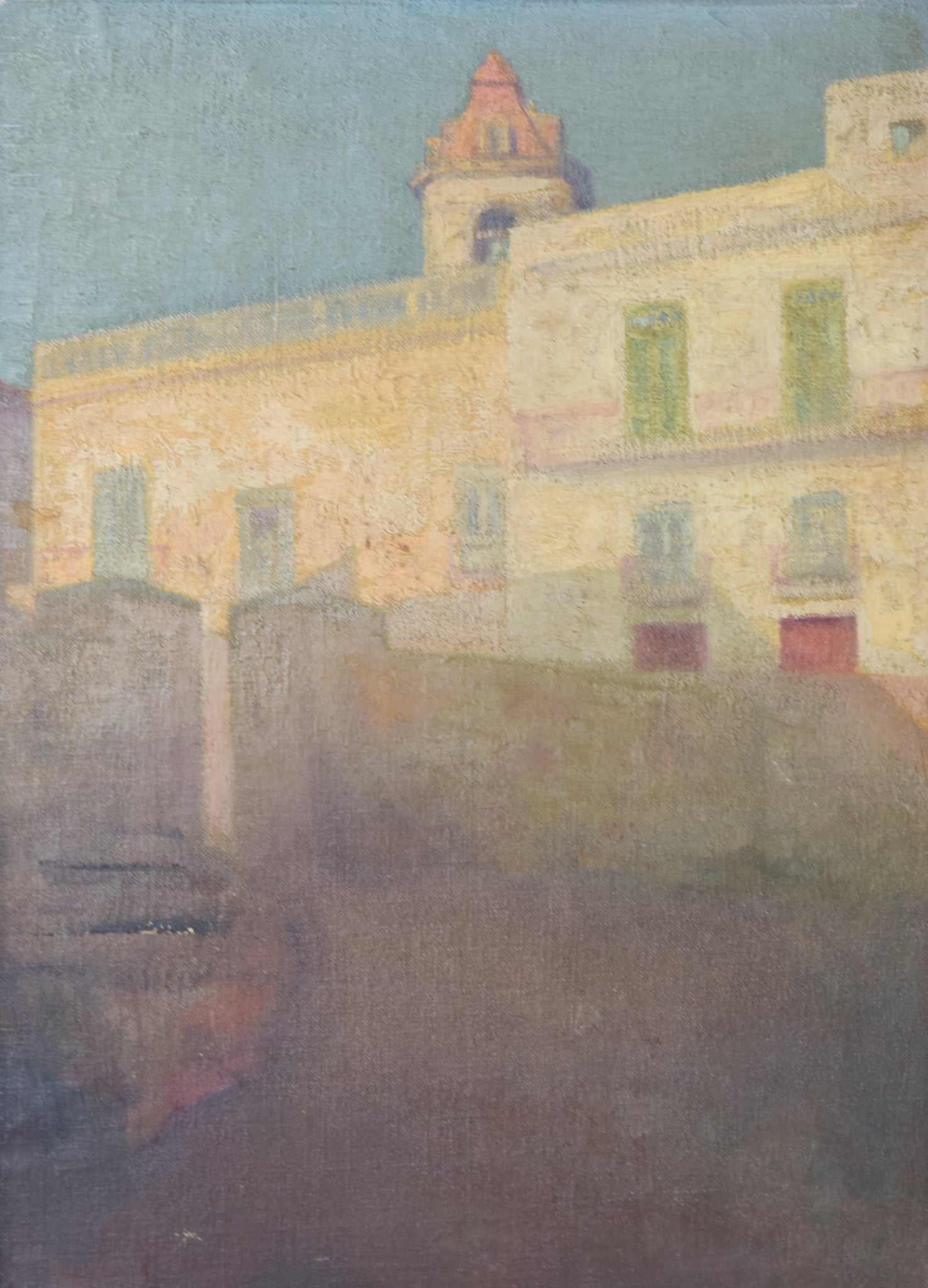 A painting of a building with a clock tower in the background.