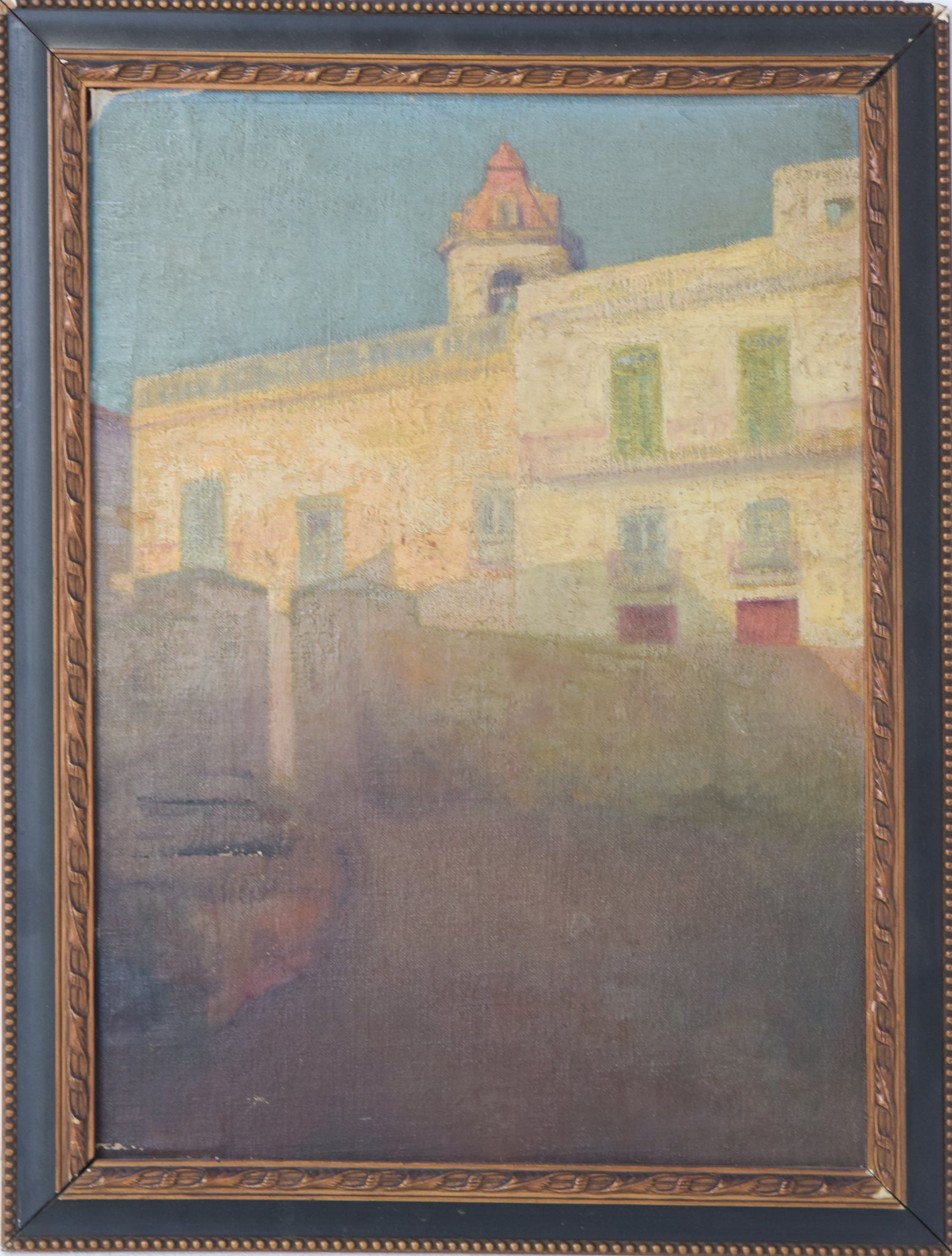 A painting of a building with a clock tower in the background.