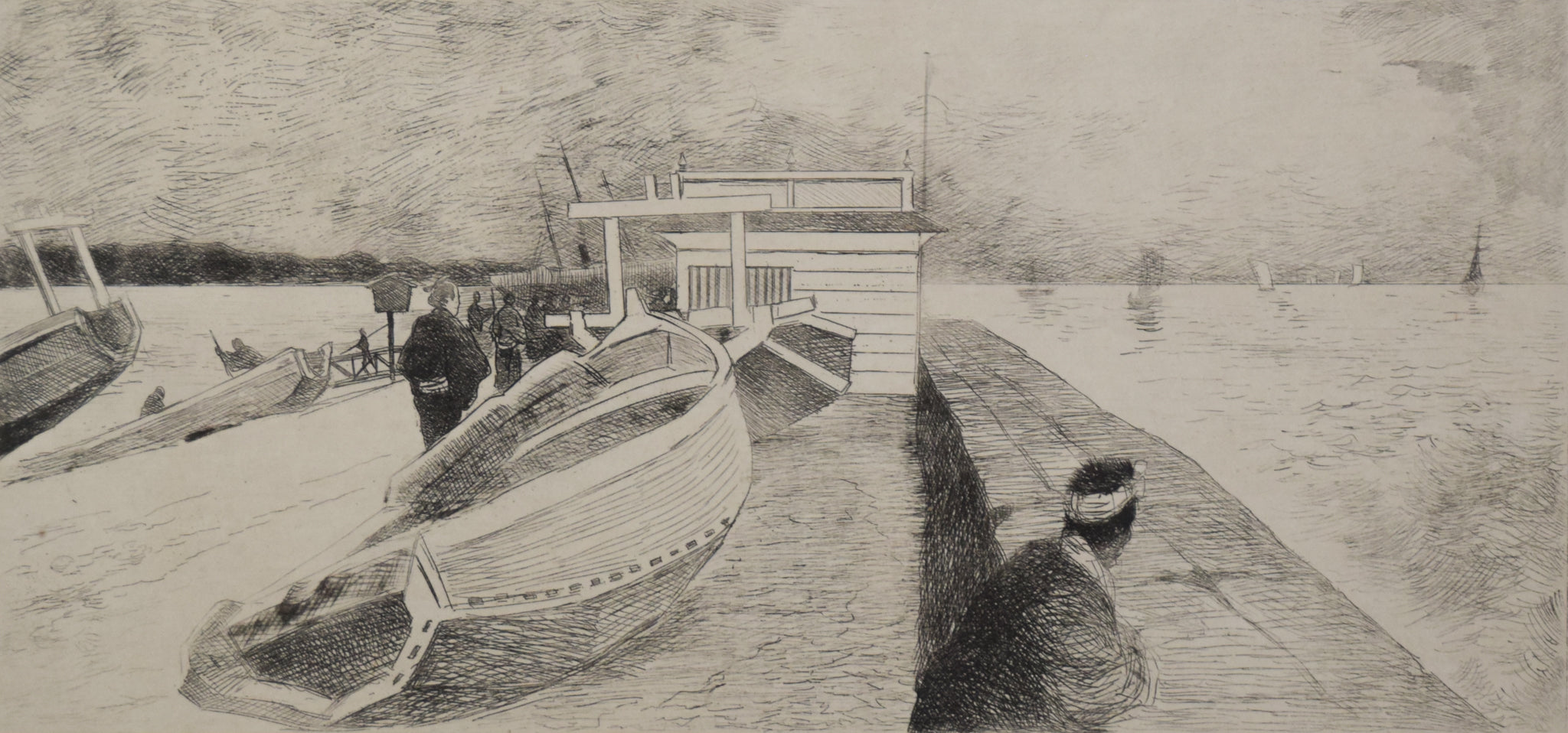 A drawing of a boat docked at a dock with people on it.