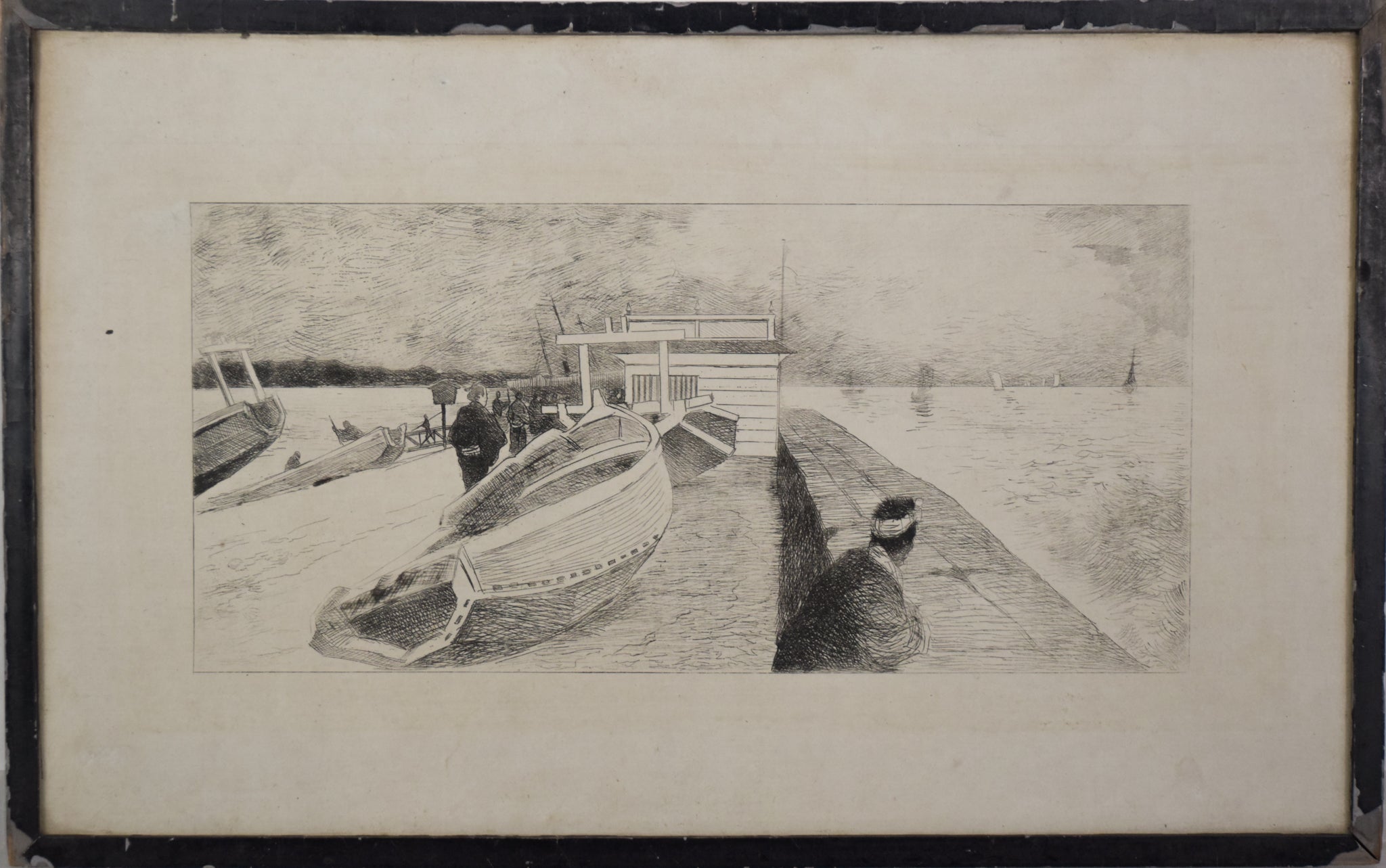 A drawing of a boat docked at a dock with people on it.