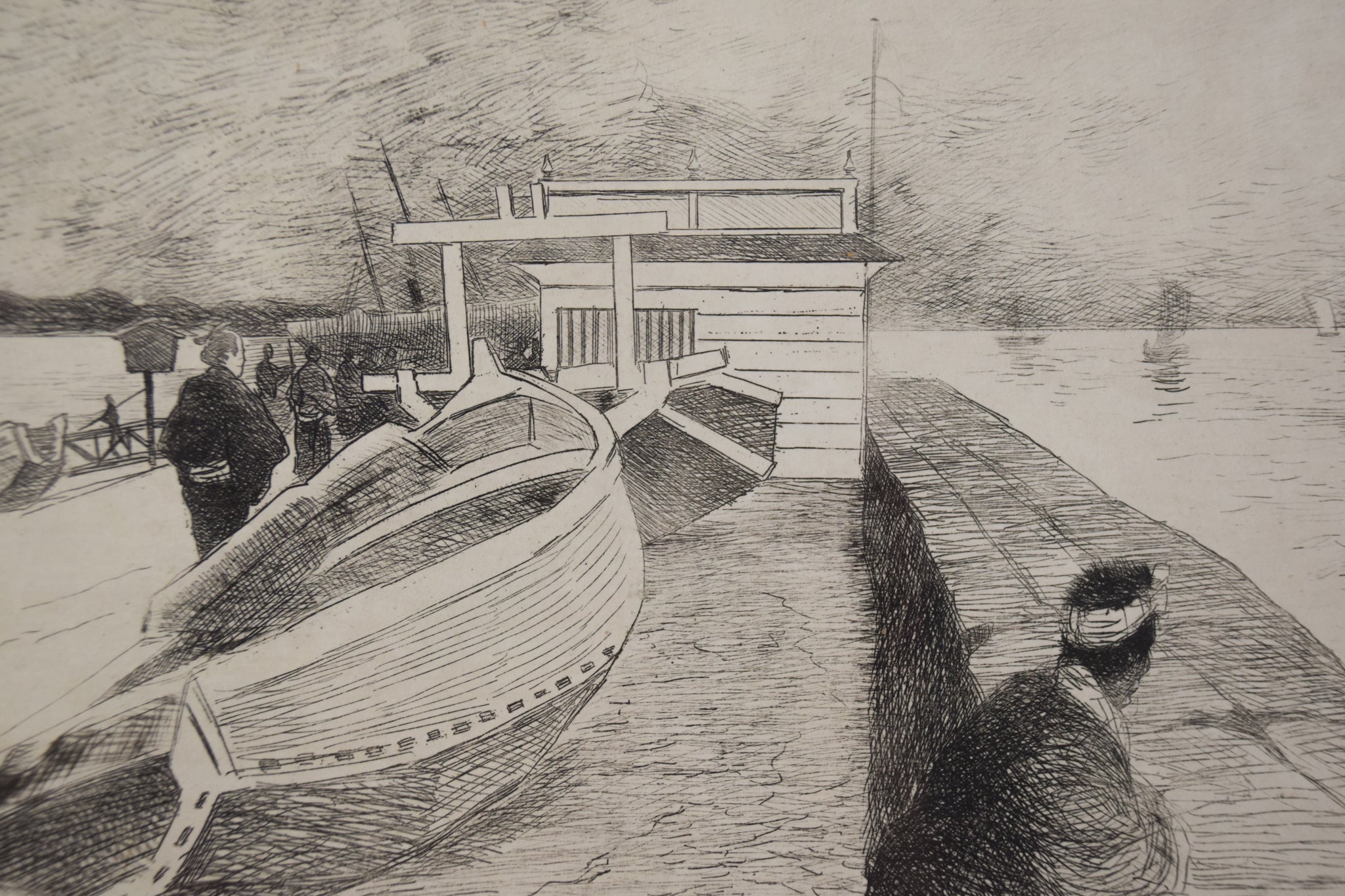 A drawing of a boat docked at a dock with people on it.